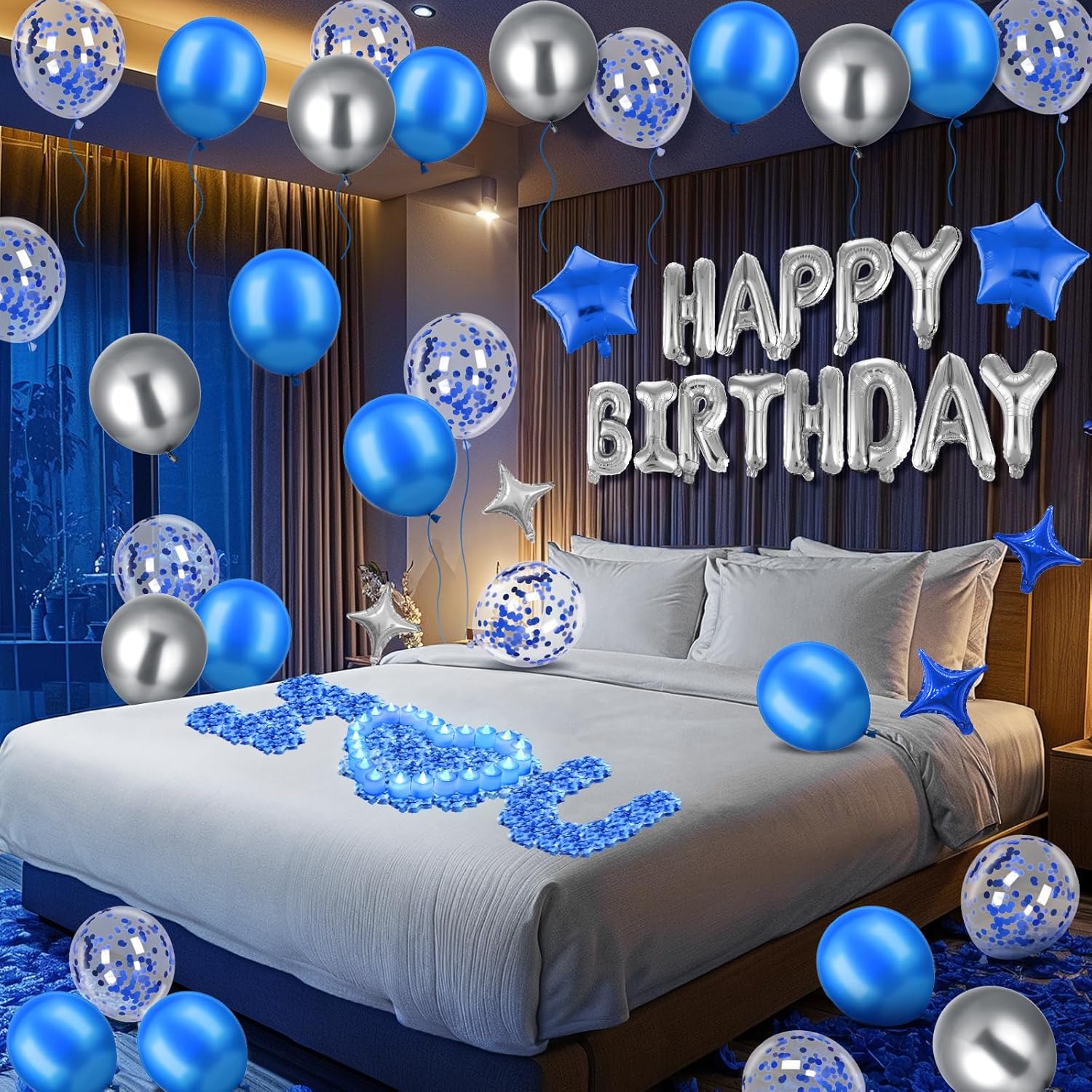 Blue Happy Birthday Balloons Banner Navy Blue Silver Birthday Balloons Letters with 6 Pcs Star Balloons Blue Artificial Rose Petals 24 Flameless LED Candles Set for Blue Birthday Party Decorations