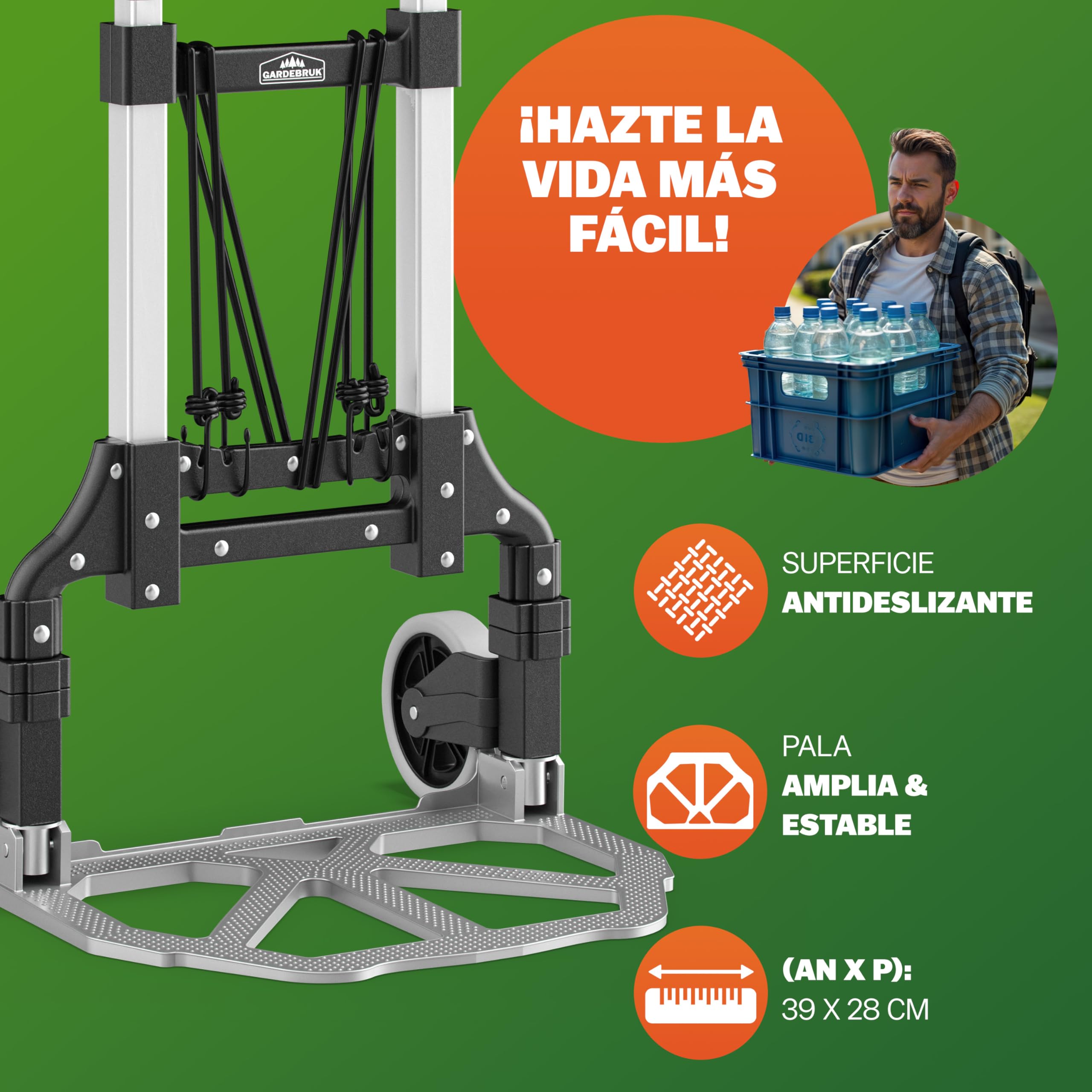 GARDEBRUK® Carretilla Plegable Aluminio 80Kg Carro Transporte Mudanzas Altura Regulable Ruedas Goma Maciza Resistente Incl. Guantes y Cuerdas Elásticas