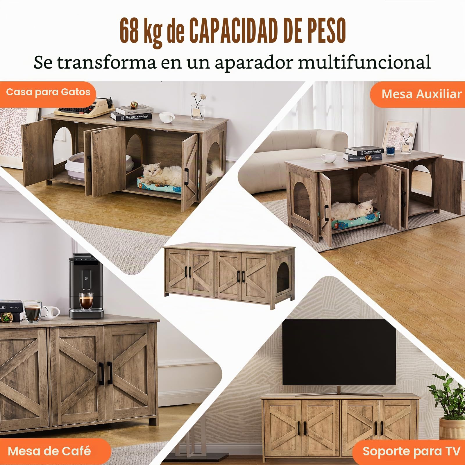 VEVOR Arenero para Gatos, 1200 x 450 x 500 mm, con 4 Puertas 2 Entradas, Mueble de Interior, Caseta de Madera, Compatible con la Mayoría de Areneros, Verde, Carga Superior 60 kg e Inferior 45 kg