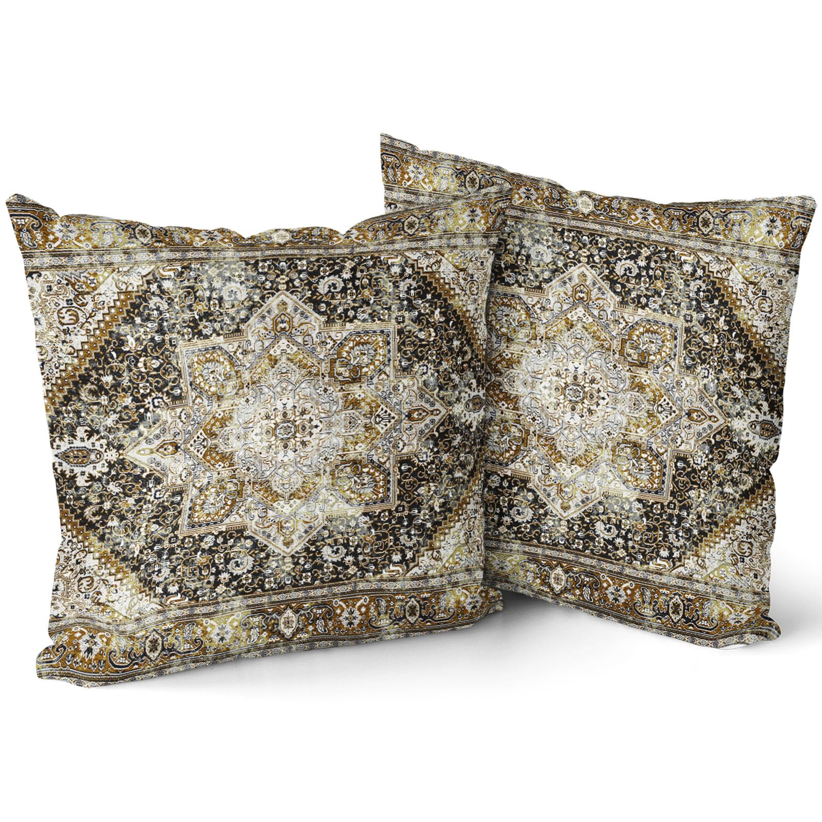 Black Gold Beige Vintage Bohemian Pillow Covers 22x22 Inch Traditional Boho Flower Rug Print Carpet Pattern Pillow Cases Set of 2 Antique Tapestry Rustic RetroThrow Pillows For Cushion Couch Outdoor — image 1