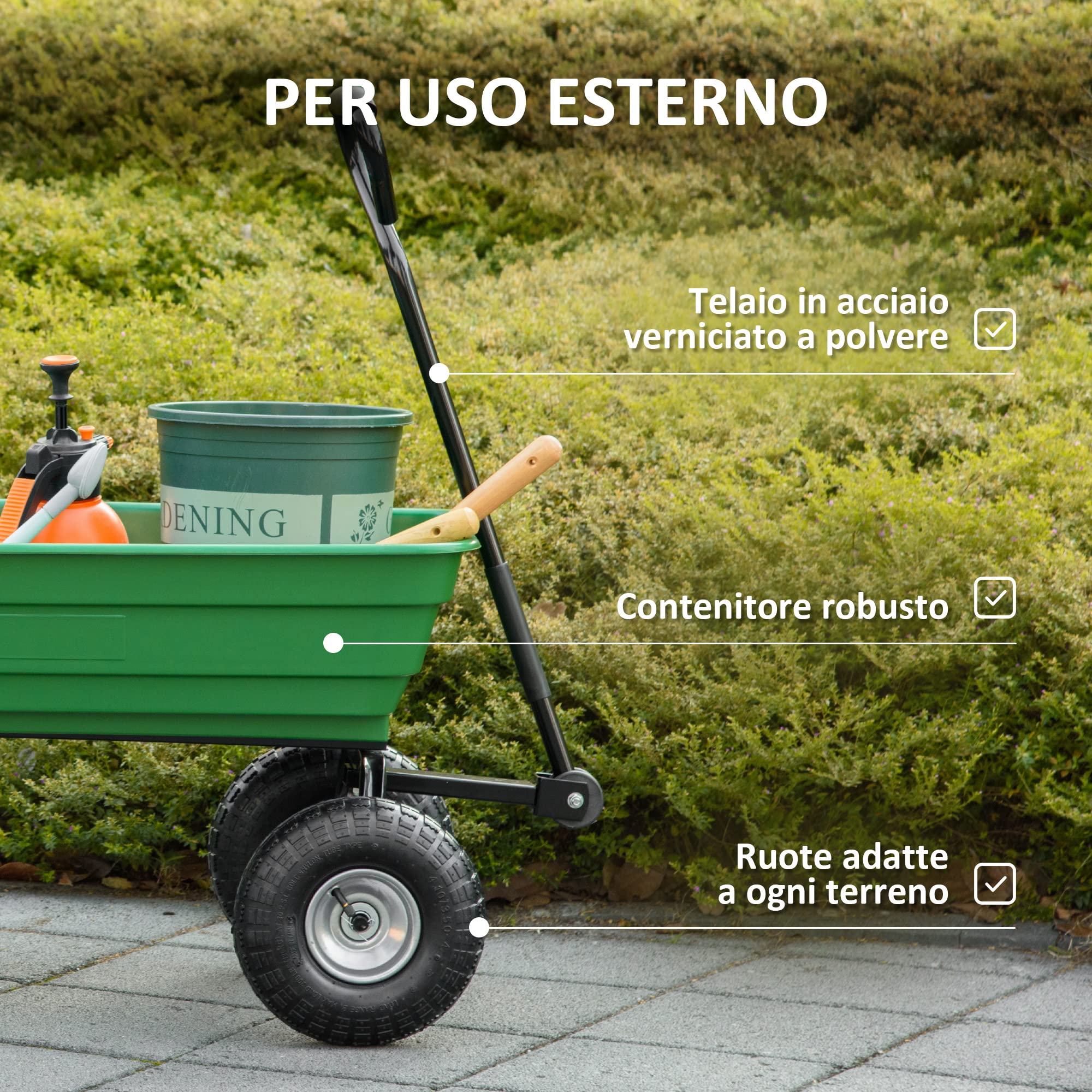 Outsunny Carrello Rimorchio a Mano da Giardino 250kg, 108x52x100 cm