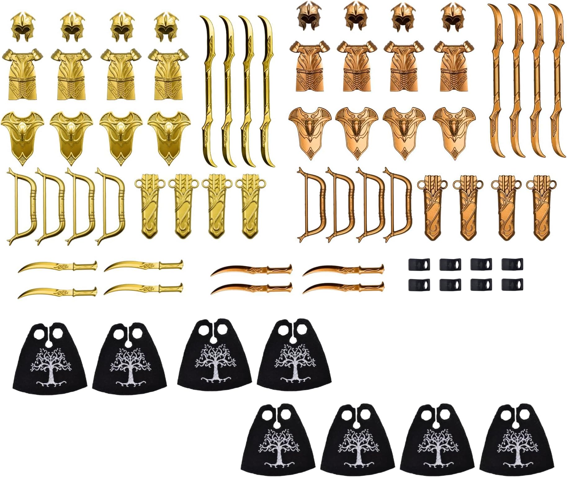 MAGMA BRICK Elf Metalic Gold and Rose Gold of Lances, Bows, Sword, Helm and Armour for Major Brand Building Block Minifigure 72 PCS
