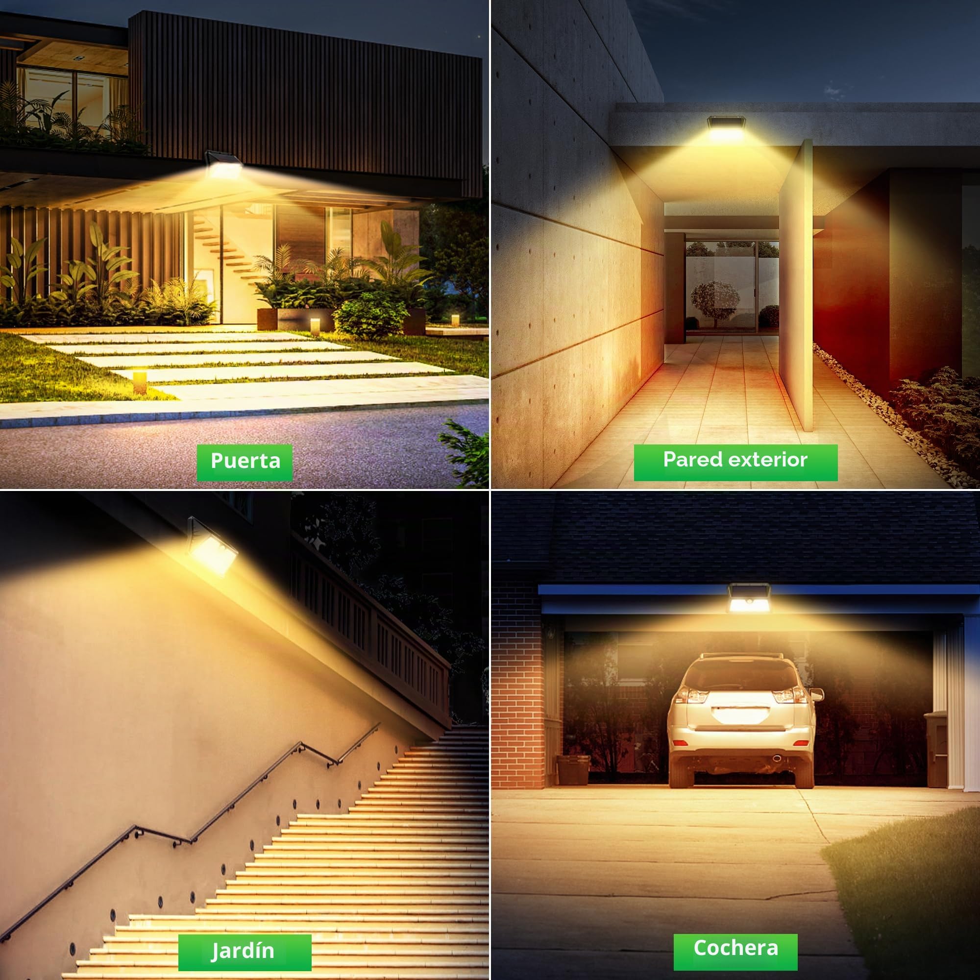 Focos LED Exterior Solares,【6 Paquete/3 Modos】 Luces Solares con Sensor Jardin de Movimiento 185 LED Luz Solar Exterior, IP65 Impermeable para Jardín, Garaje, Patio, Puertas (Blanco Cálido)