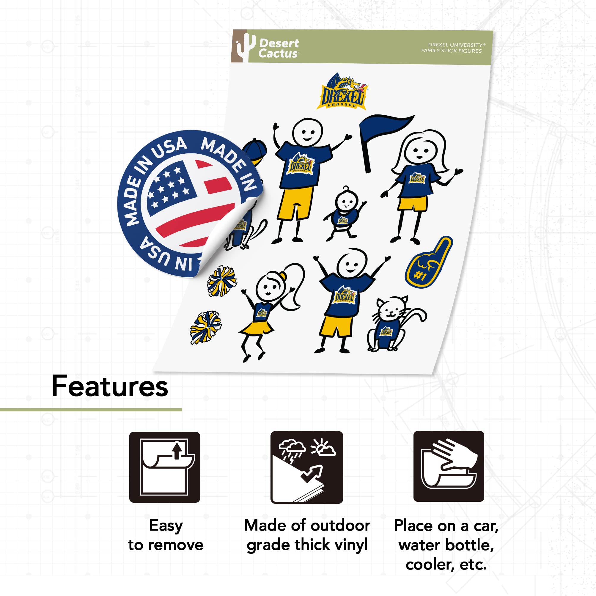 Drexel University NCAA Sticker Sheet - Navy Vinyl Decals For Laptop, Water Bottle, Car, 5 Stickers Per Sheet