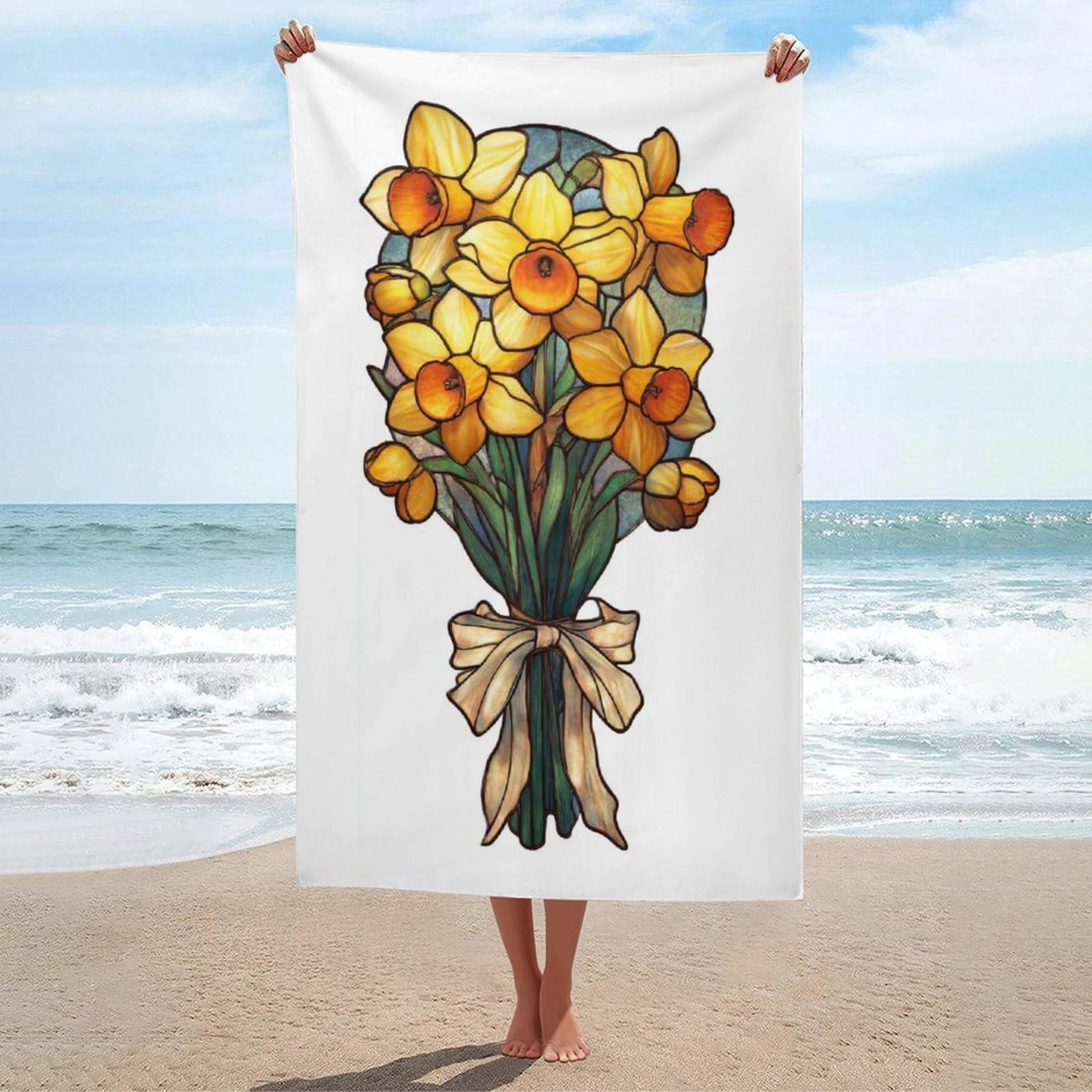 asbwuo Stained Glass Daffodil Bouquet Beach Towel