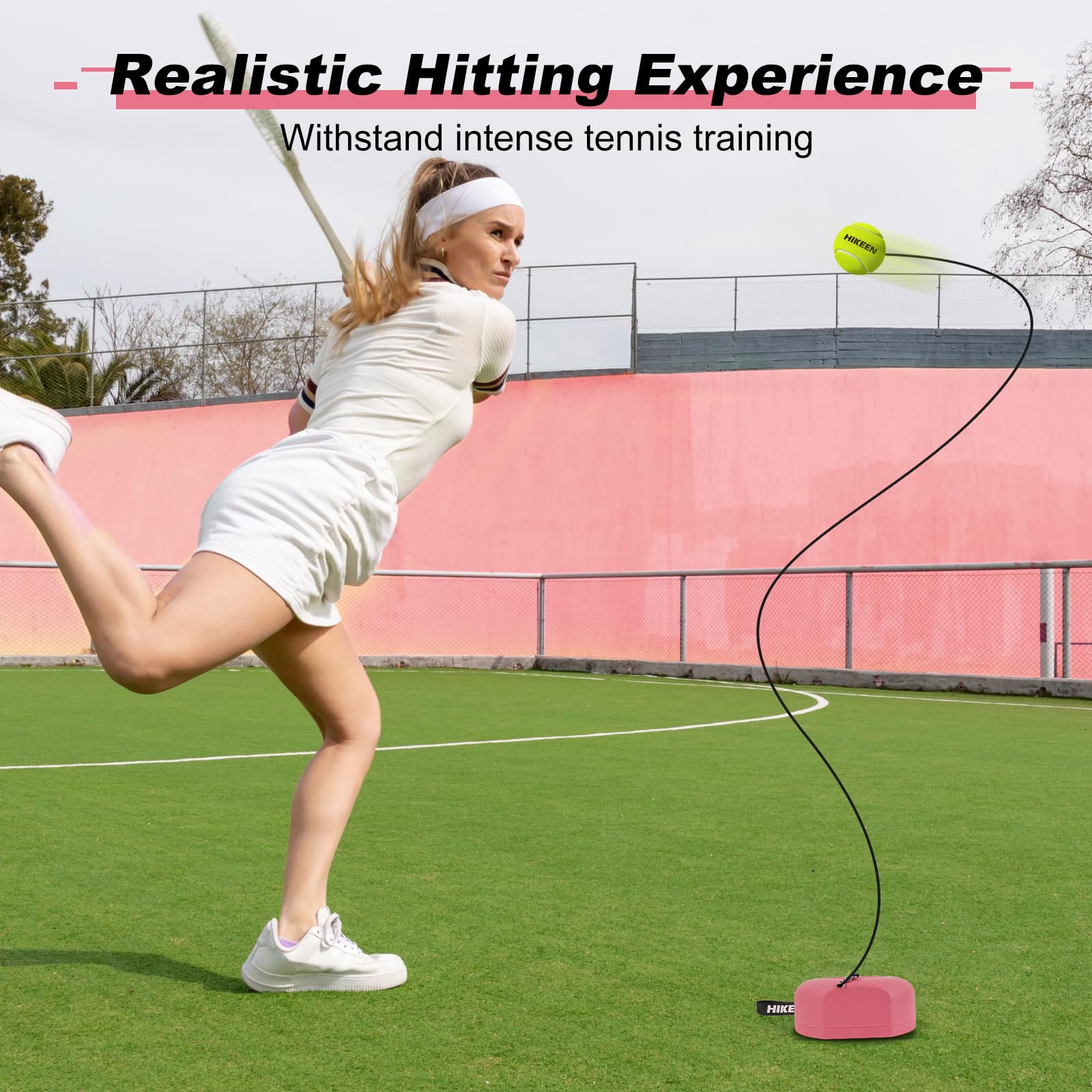 BOOSTEADY Tennis Trainer Set met metalen voet - Professioneel trainingsapparaat met 3 ballen en 4m touw voor individuele training Tuin, park, baan - Roze