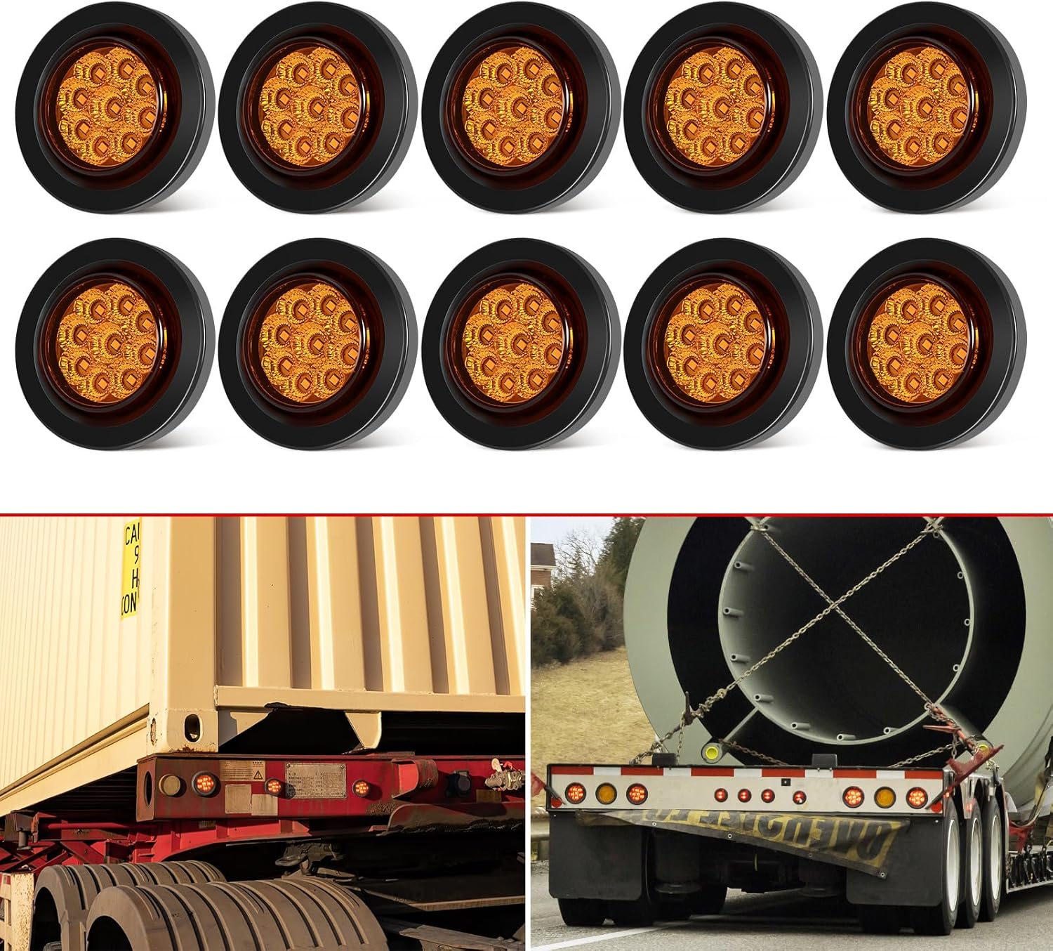 10PCS 2" Inch Round Amber Trailer LED Side Marker Clearance Lights Kit Waterproof 9 LED w/Grommets and 2 Prong Pigtails for 12V Truck Trailer RV Van Boat