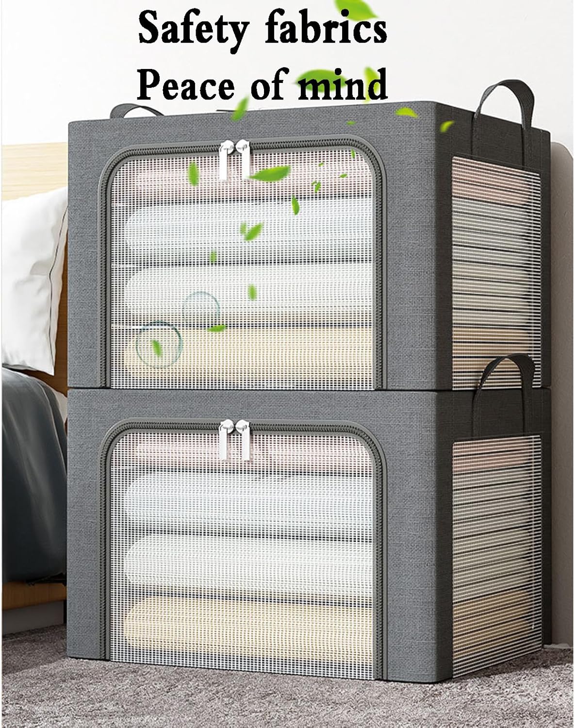 SepKus Stackable Clothes Storage Box, Organizer Container with Reinforced Handles and Sturdy Zipper Lid, Blankets Clothes Comforters Foldable Storage Bins with Clear Window Grey, 2 packs