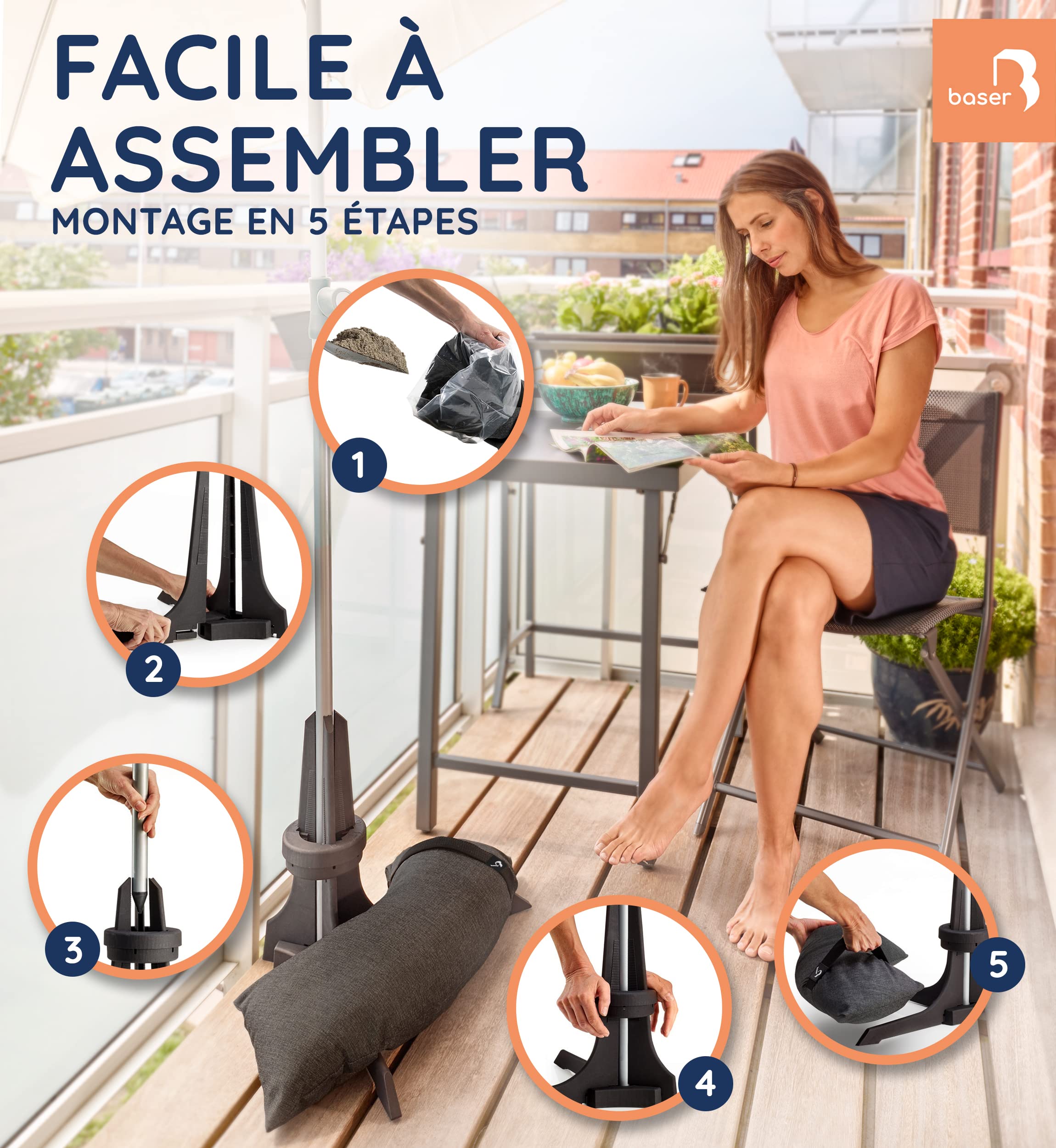 Baser Pied de Parasol Balcon avec Sacs de Sable, Base pour Parasol de Jardin Exterieur Gain de Place, Support Lestés pour Mât 20-40mm, Gris