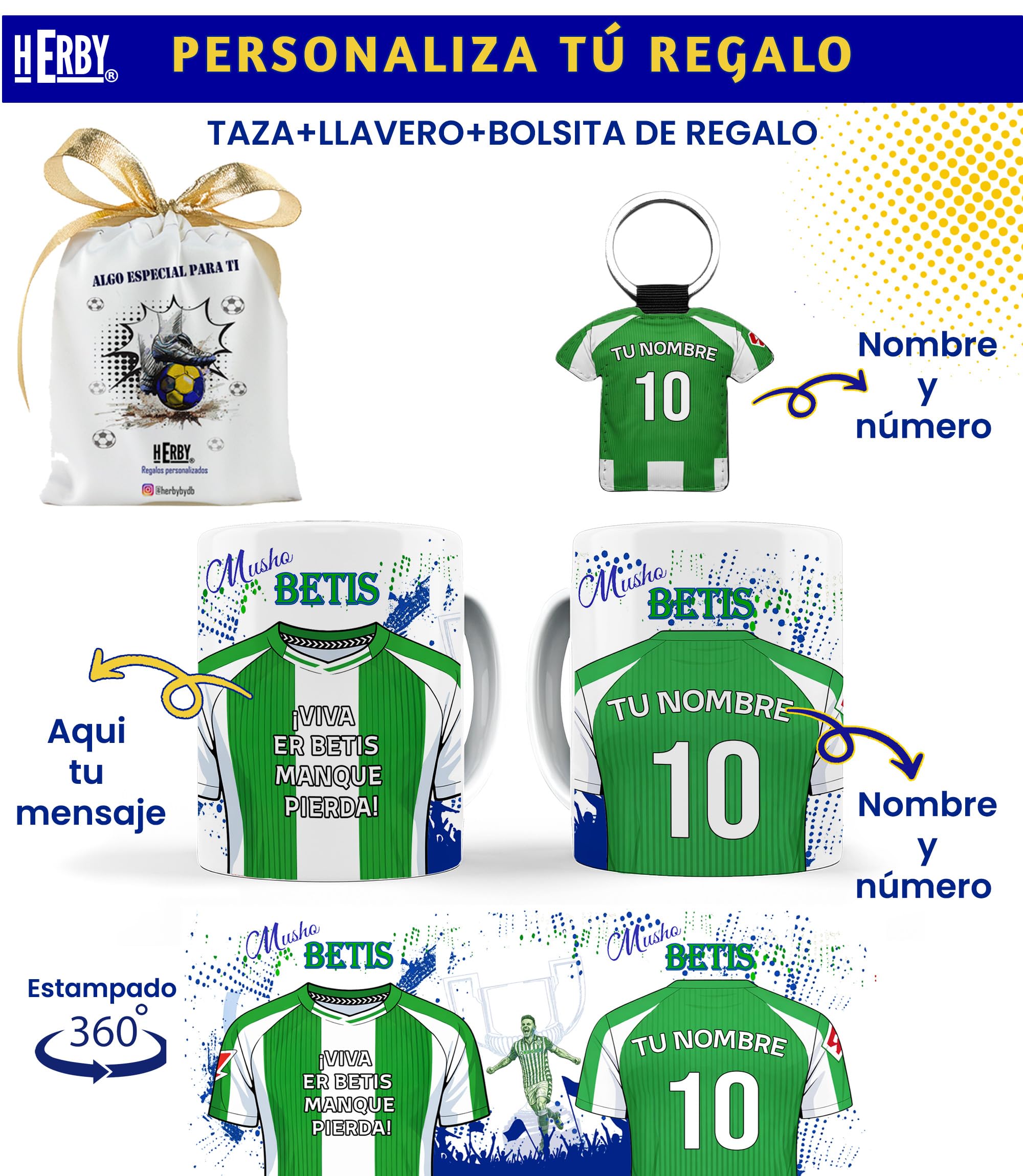 HERBY Taza del Betis personalizada con nombre y número más llavero del Betis caja de regalos del Betis taza de cerámica para te café o chocolate de 325 ml regalos para fanáticos del futbol(Betisx2c)