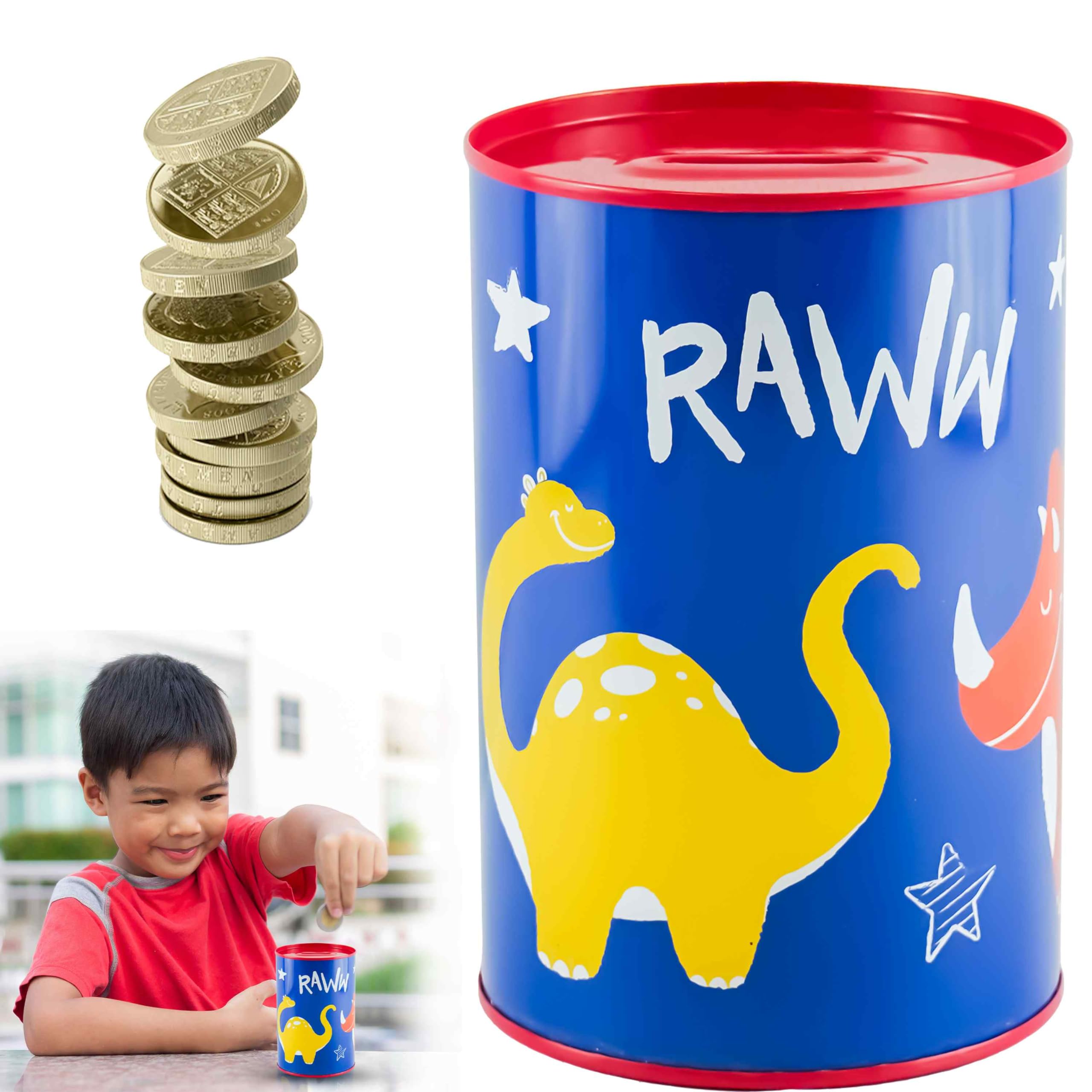 Srv Hub Boys Dinosaur Money Tin Metal Money Tin Box Dinosaur Design Sterling Money Cash Tin & Coin Slot Opening, Tin Cans Durable Metal, Piggy Bank For Kids & Elders Size-15Cm