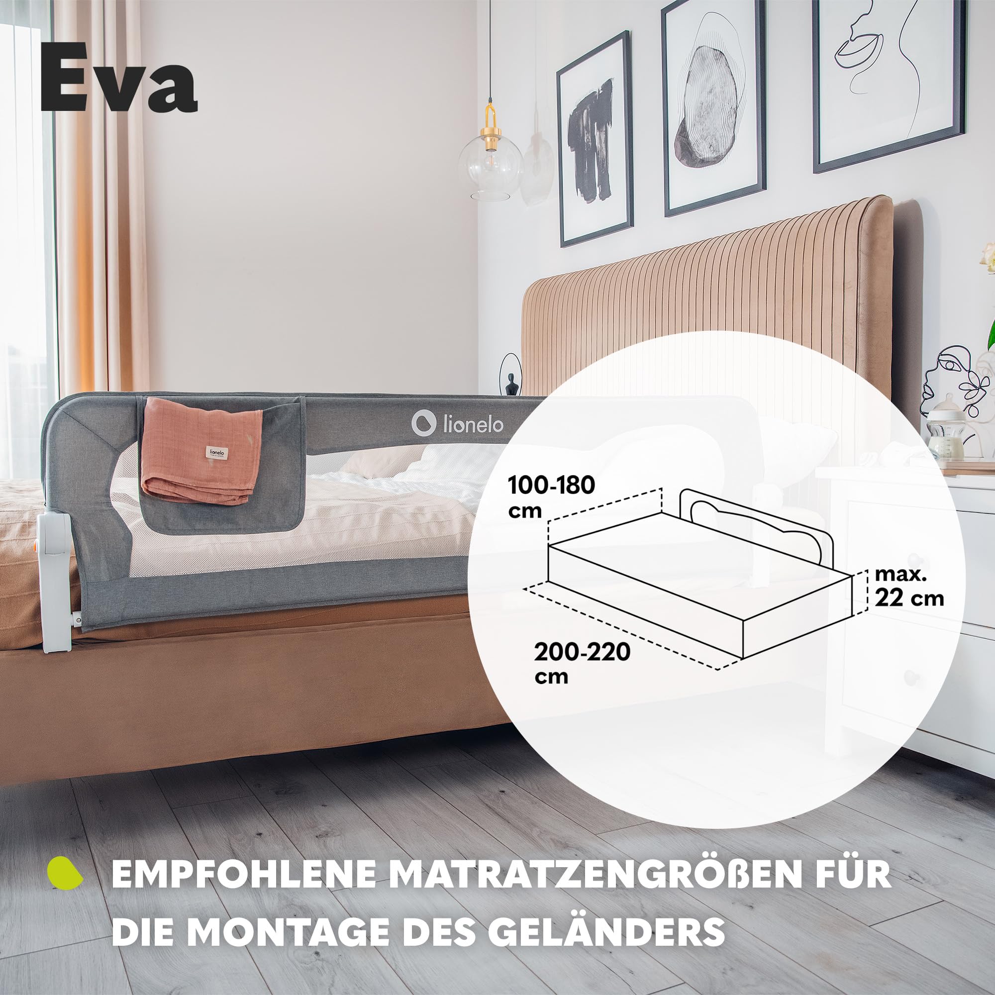 Lionelo Eva Rausfallschutz Bett Rausfallschutz Kinderbett, Bettgitter, Bettschutzgitter, luftiges Netz, zusammenklappbar um 180 Grad, einfache Montage, 150 cm lang