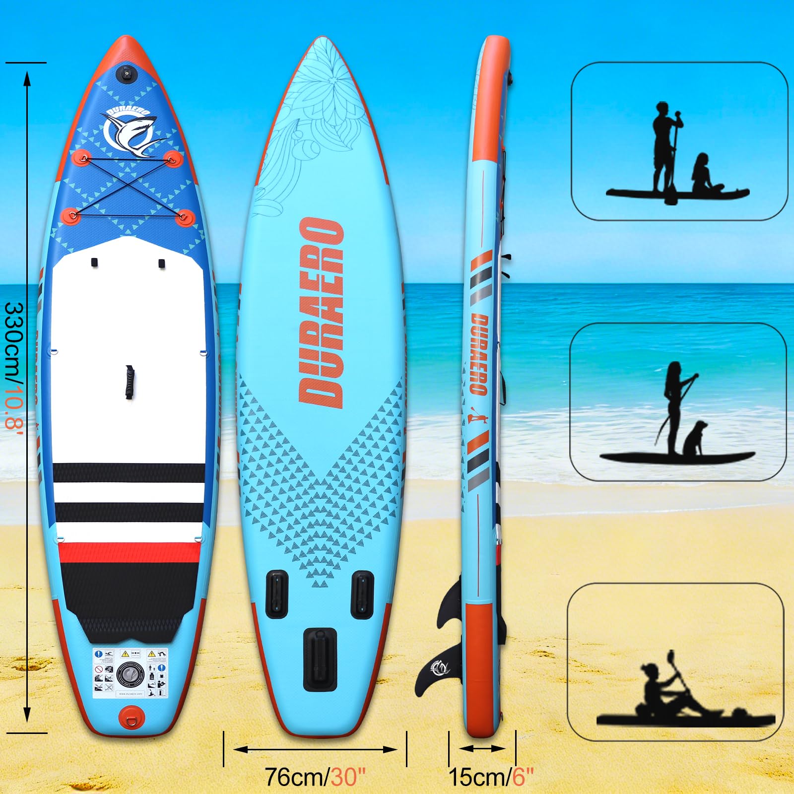 Stand up Paddling Board Aufblasbare SUP Board Set, inkl. Kajak Sitz, Cam Halterung, Integrierte Kick-Pad, 3 Finnen, Verstellbares Doppel-Paddel, Komplettes Zubehör, 330x76x15cm, Tragkraft bis 150Kg
