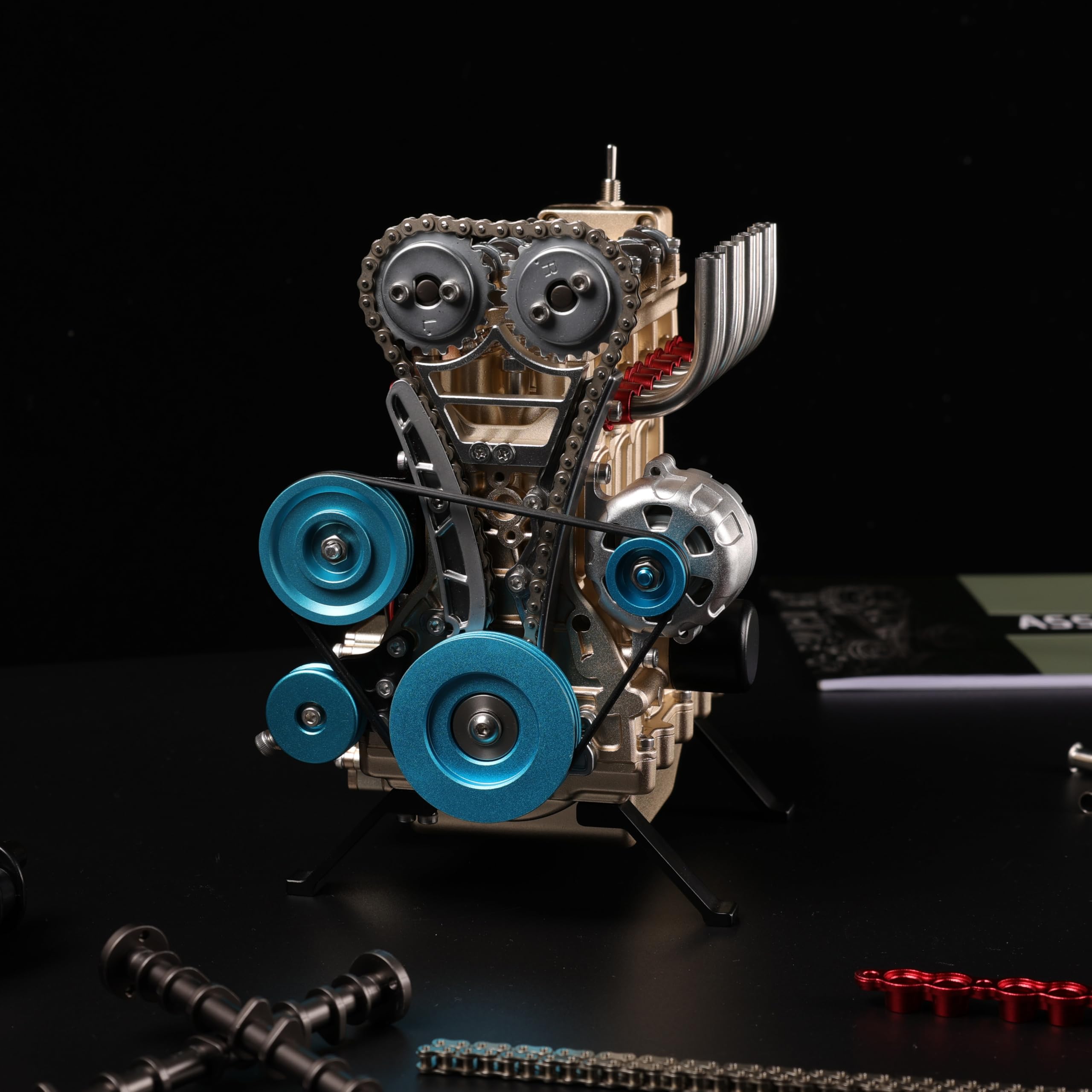 TECHING v4 Model silnika zestaw w pełni metalowy model silnika zestaw montażowy dla dzieci biegające dorośli 350 szt. czas montażu 4 godziny DIY zabawka prezent (zestaw 4-cylindrowy silnik)