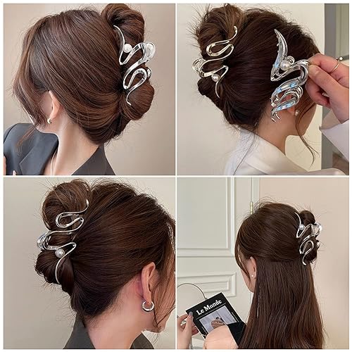 Miniatura 7 de Pinzas de pelo de cinta plateada de metal con perlas, accesorios para el cabello para mujeres y niñas, elegantes pinzas para el cabello ondulado