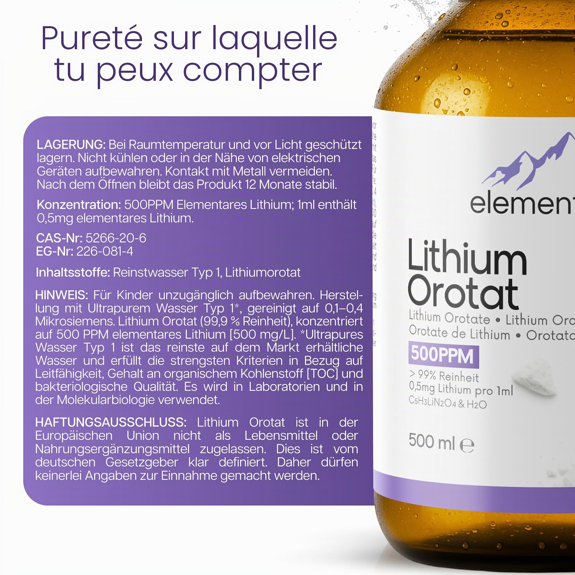 Lithium Orotat > 99 % pur 500 ml | 1 ml contient 0,5 mg de lithium élémentaire = 500 PPM | avec gobelet doseur de 30 ml et pipette | testé et certifié en laboratoire