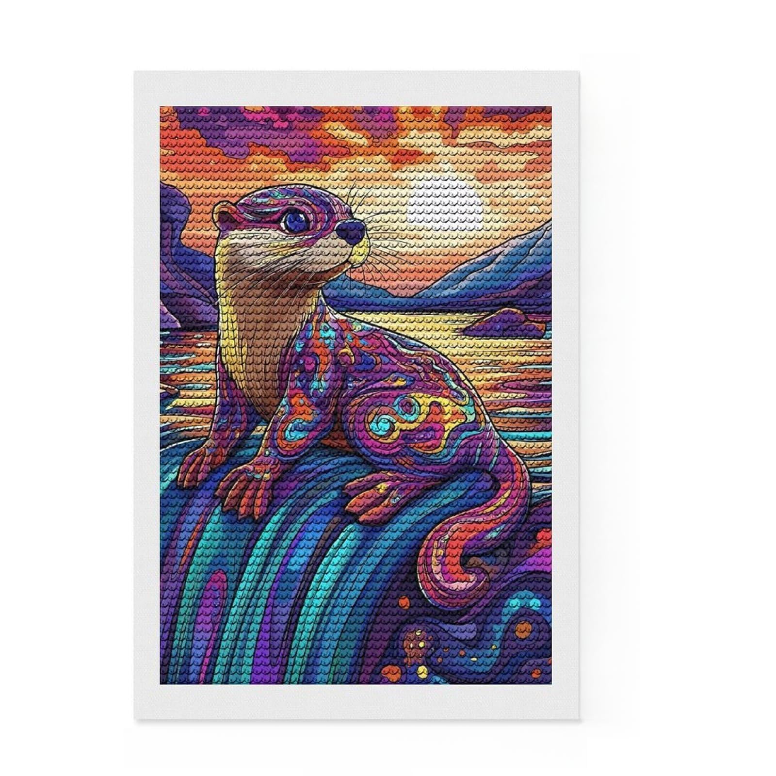 Junmoney Psychedelic Otter Waterfall Sunset Full Drill Diamond Painting Kit 8"x12", Good for Quiet Evenings, Fun Craft Experience, Living Room Decor, Gift Idea