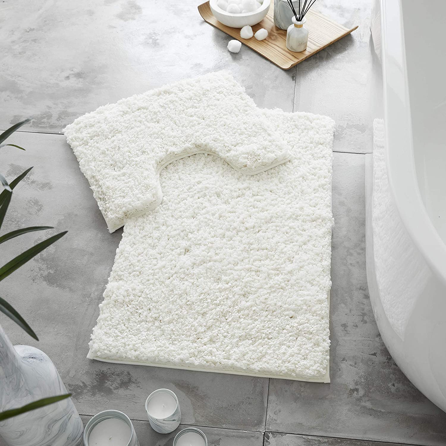 Pinkfairy® Super Soft 2 Piece Zero Twist Bath Mat Pedestal Set Non Slip, Extra Absorbent 100% Polyester Bathroom Toilet Rug, Regular (50x80CM | 50x40 CM, Cream)