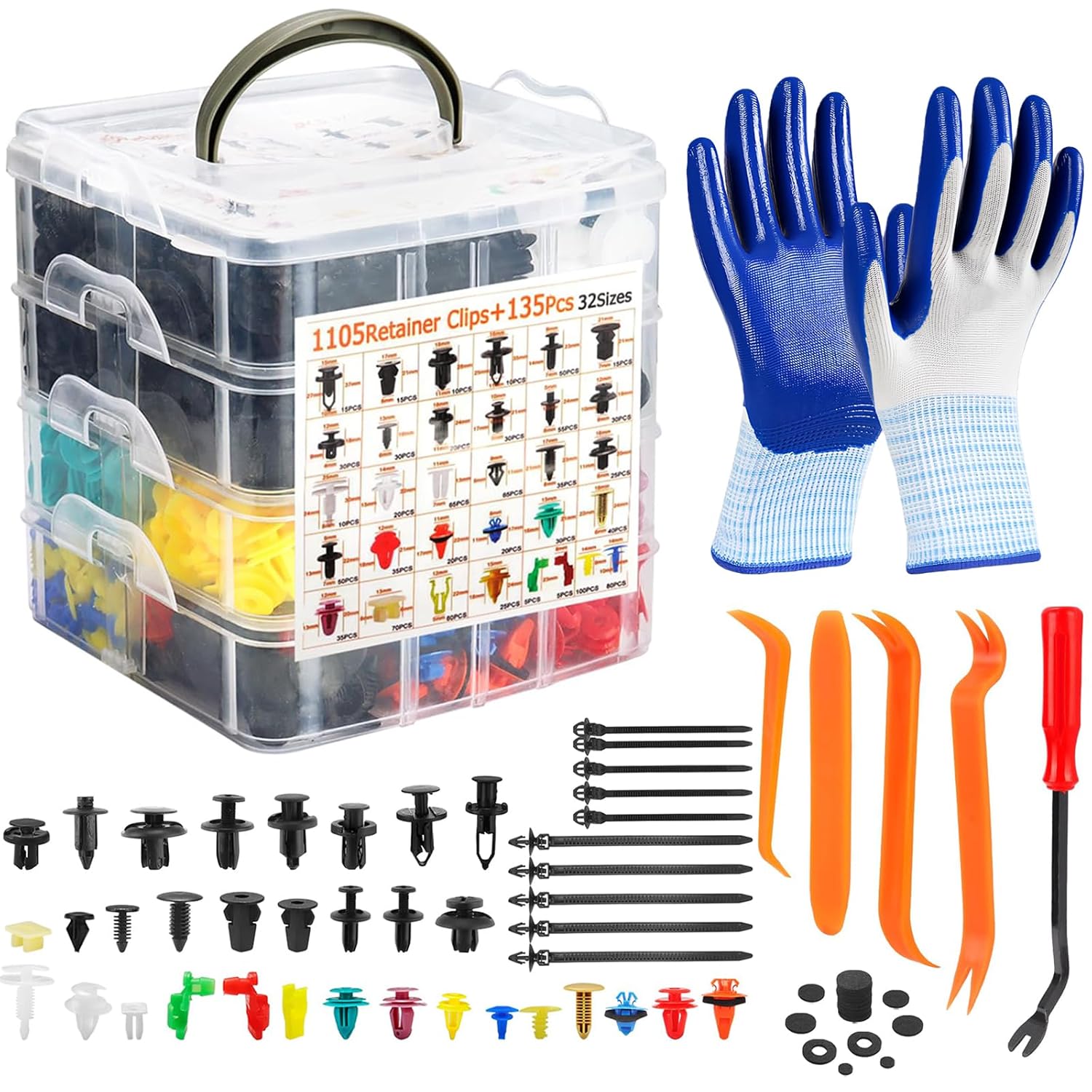 1240Pcs Universal Car Retainer Clips & Fasteners Kit – 32 Sizes Nylon Bumper Fender Rivets Door Panel Clips Plastic Rivets with 10 Cable Ties & Removal Tool for Toyota Ford Benz Chevy