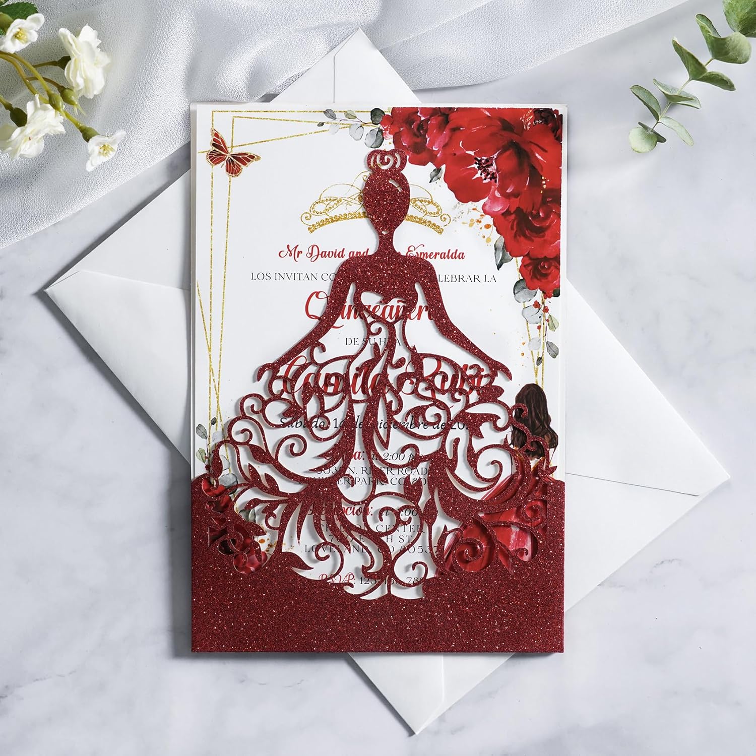 ponatia 25 PCS XV ANOS Personalized Invitation Cards, Quinceanera Invitations, Customized Invitation Cards, Personalized Printed Order, Picture Card-Red Glitter