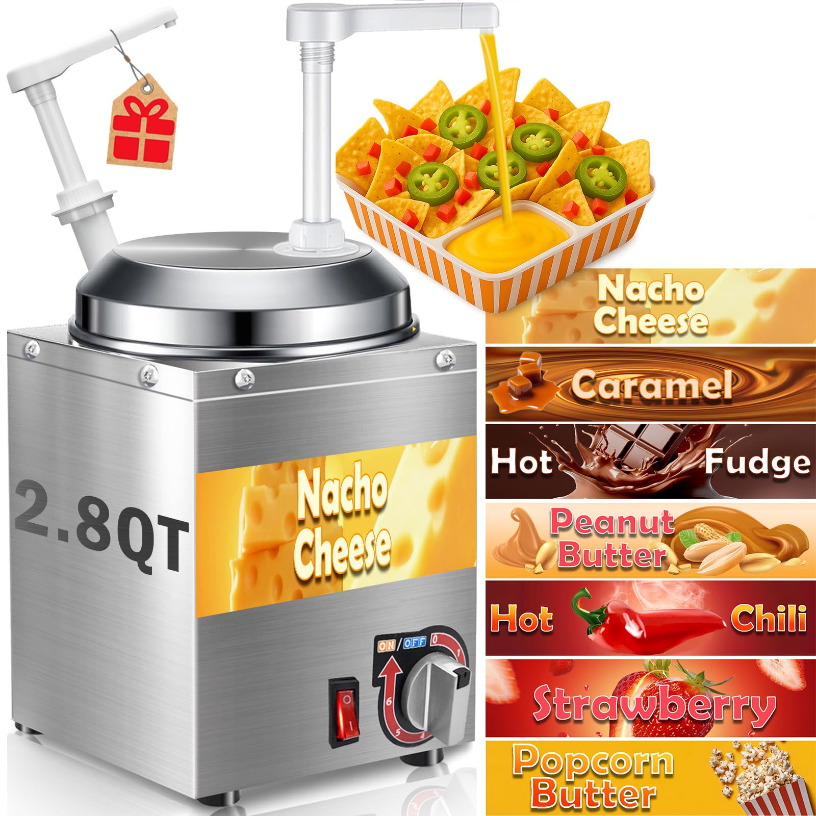 Dispensador de queso Nacho - Máquina de queso Nacho de 2,8 l con bomba, calentador de salsa caliente de acero inoxidable con ajuste de temperatura de 6 niveles, dispensador de jarabe para caramelo