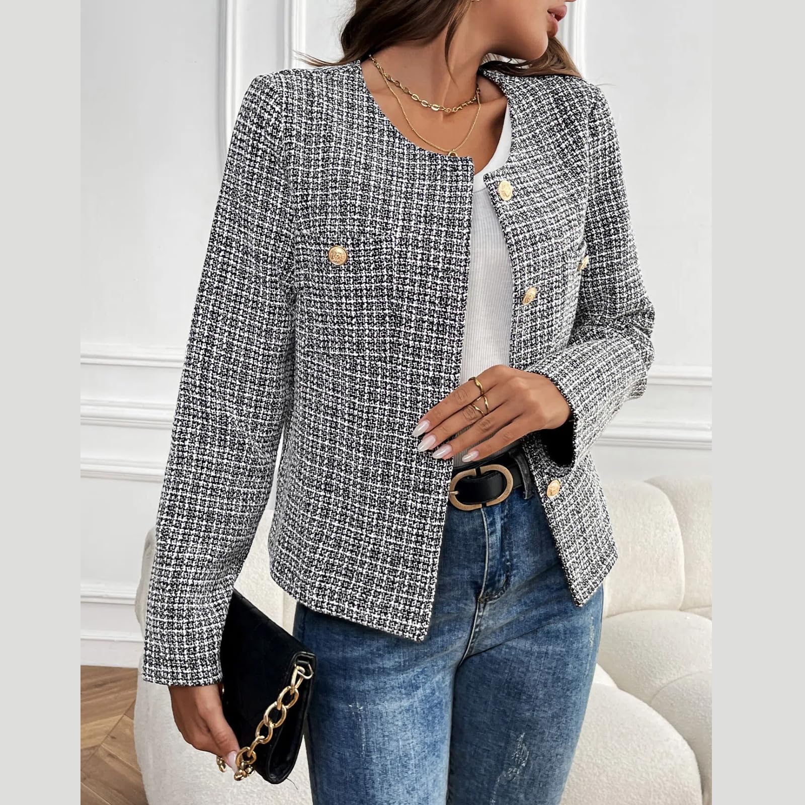 Veste blazer en tweed pour femme – Manches longues, grand col rond, manteau business décontracté, chic et confortable pour toutes les occasions