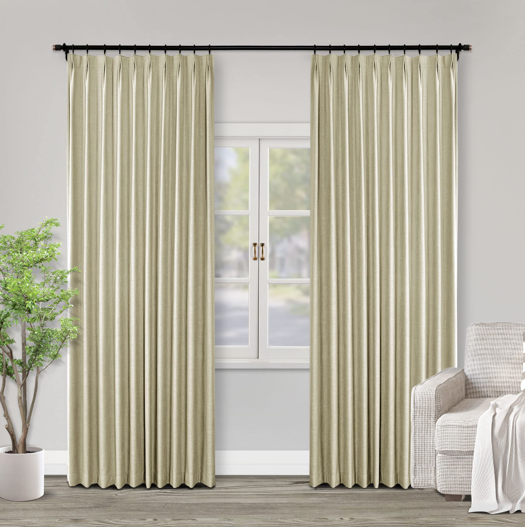 Cortinas plisadas de lino sólido con forro opaco para protección de la privacidad, color gris y beige, 114 x 213 cm, ideal para decoración de sala de estar y dormitorio, 1 panel