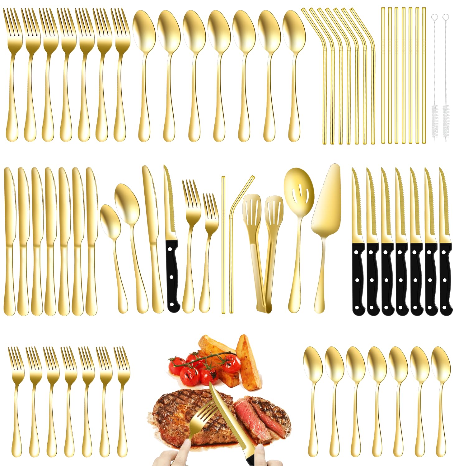 69 Piece Gold Silverware Set with Steak Knife Service For 8, Golden Flatware Cutlery Set Stainless Steel Utensils Mirror Polishe Spoons and Forks with Metal Straw, Slotted Spoons, Tongs, Tableware