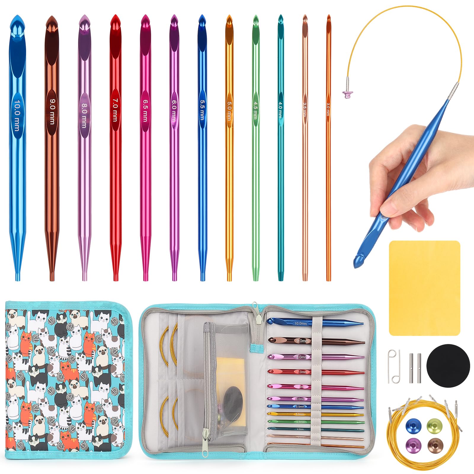 Aeelike Tunisian Crochet Hooks Set Interchangeable, Metal Tunisian Crochet Hooks with Cables, 12 Sizes 3mm-10mm Extra Long Interchangeable Crochet Needles for Afghan Blankets, Tunisian Crochet Set