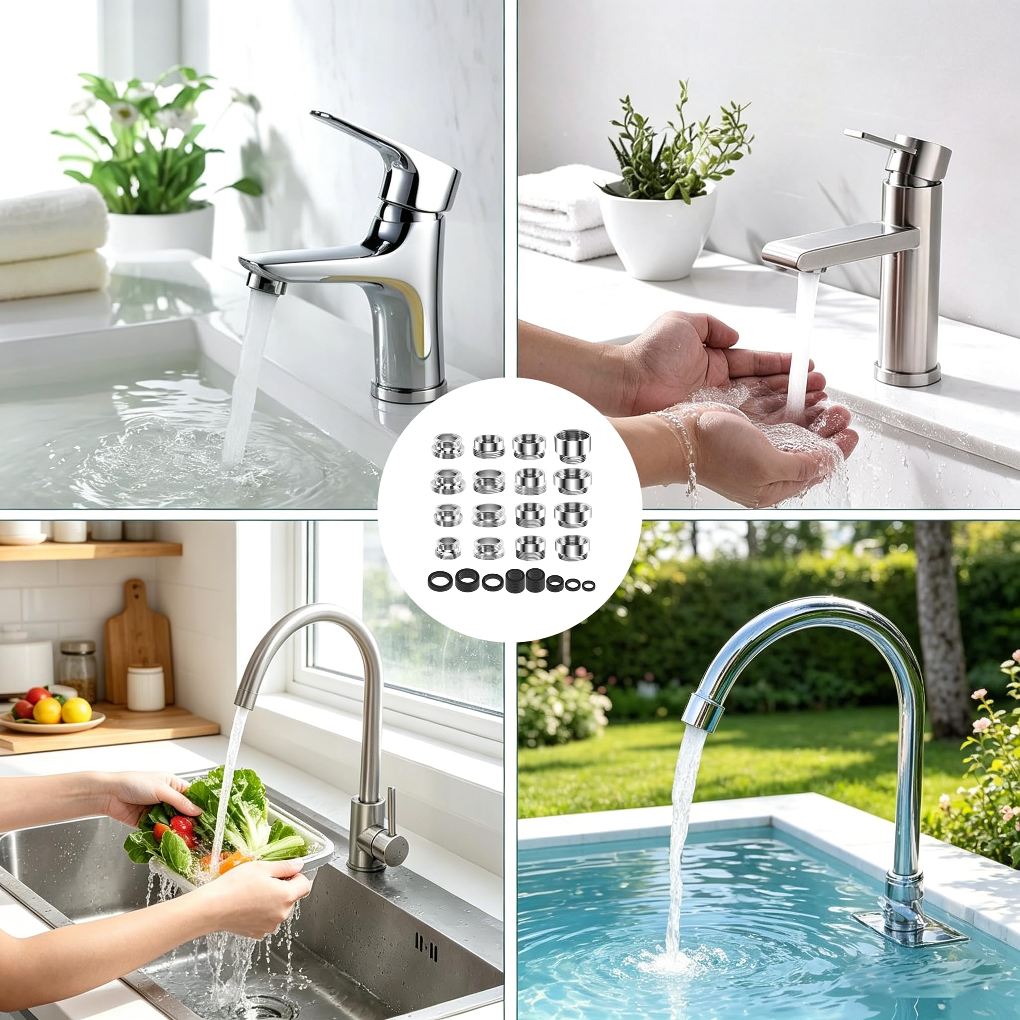 Wasserhahn Adapter 16 Stück, Messing Wasserhahnadapter für Gartenschlauch & Wasserfilter, Gewindeadapter für Außen/Innengewinde, Inkl. Dichtungen