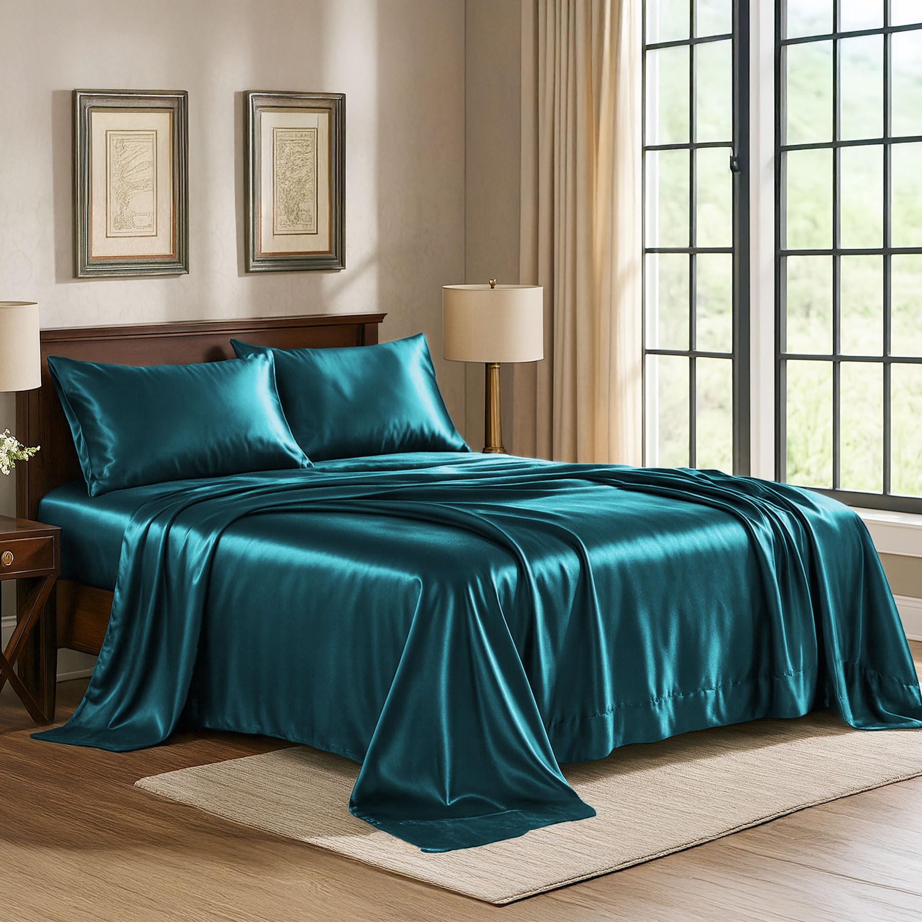 Pure Bedding Satin Fitted Sheets 4 Piece Teal Luxury Silky Extra Soft 1800 Microfiber Cloth Wrinkle Resistant Fade Stain Resistant Deep Pocket Fitted Sheet Flat Sheet Pillowcases