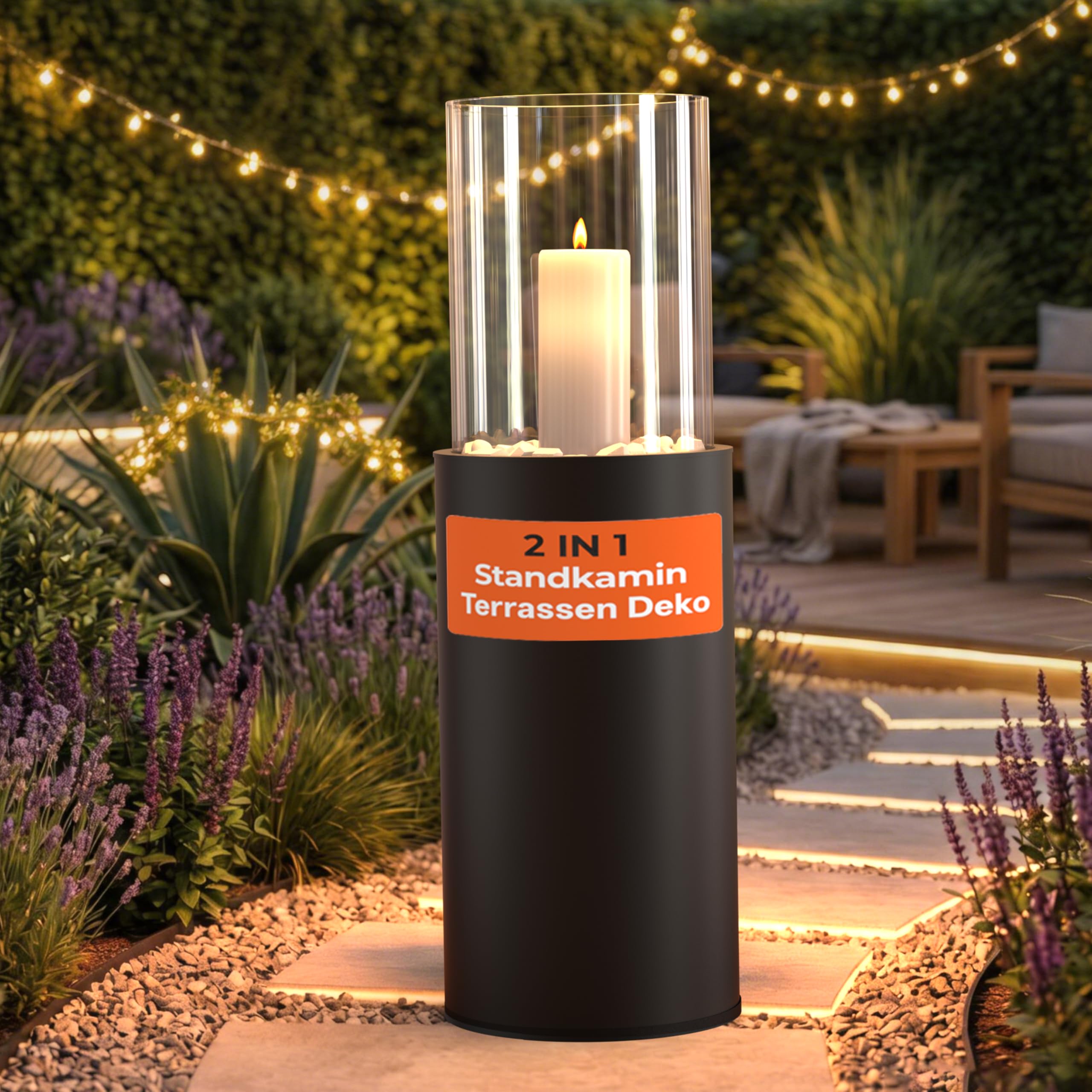 Standkamin Garten Deko Windlichtsäule für draußen und drinnen 2IN1 Laternen für Draußen Groß 81CM Terrassen Deko Stahl Windlicht Outdoor Rauchfrei Kerzenständer