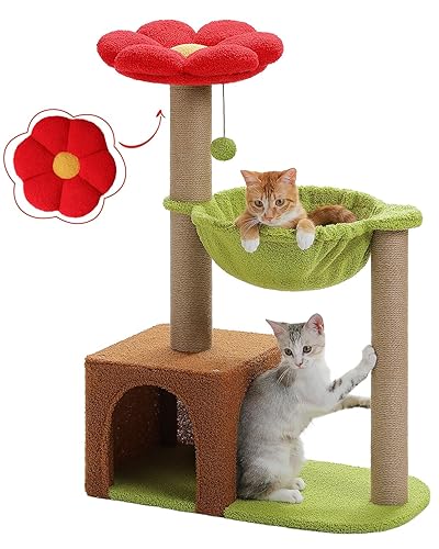 MUTTROS Flower Cat Tree with Sisal Scratching Posts, 35" Cute Cat Tower with Large Green Hammock for Small Indoor Cats, Cat Condo with Removable Flower Bed for Kittens, Brown - 35" Upgraded Flower Cat Tree - Forest Brown