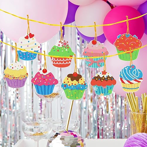 Miniatura 4 de LXTONG Colgante colgante de pintura de diamantes para cupcakes, 9 piezas de cristal con forma especial de diamante por números, adornos colgantes
