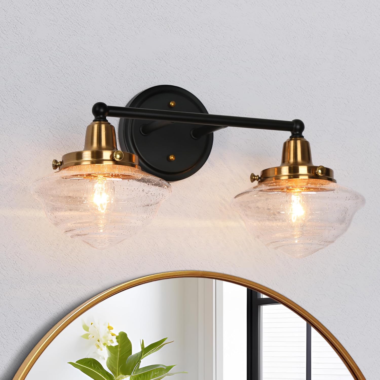 Black Gold Vanity Light, Modern 2-Light Bathroom Light Fixtures Over Mirror, Seeded Glass Bathroom Lighting with Electroplated Brass Accents