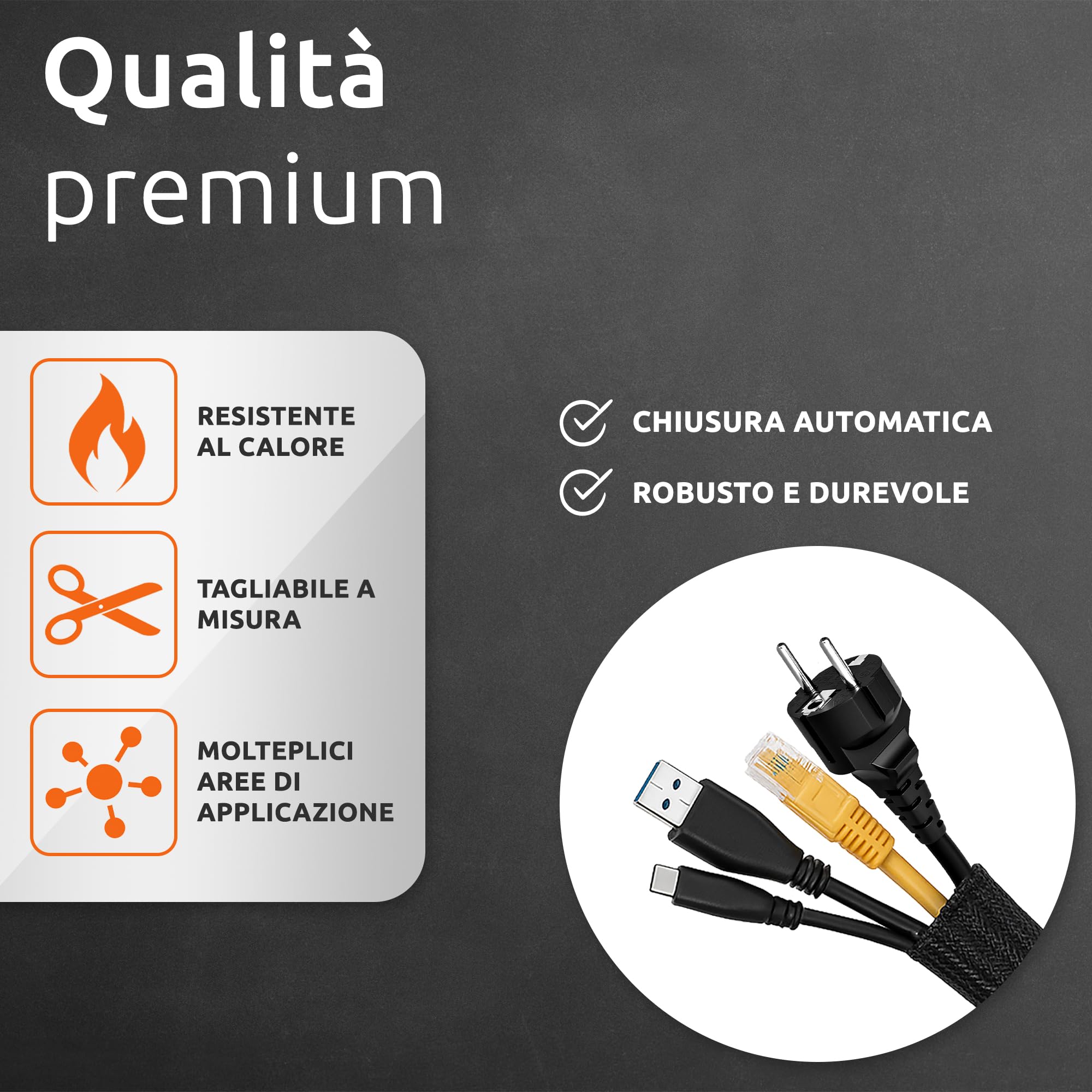 ECENCE 3 Metri Guaina Cavi - chiusura automatica (13-20mm) - Nascondi Cavi Nero - Canalina Passacavi Tagliabile per PC, Scrivania, Ufficio - cable management