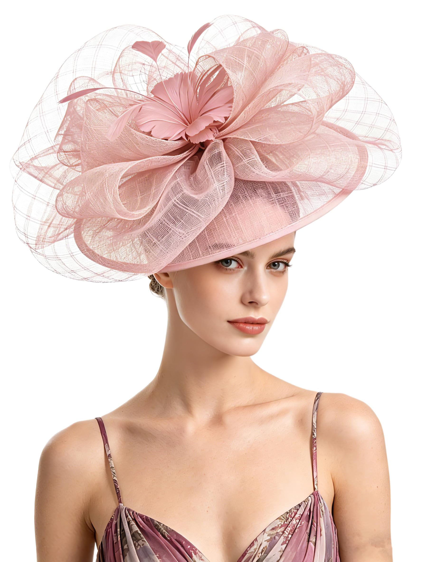Cappello fascinator in sinamay con fiore di piume, perfetto per matrimoni, cocktail eventi e tea party, cappello derby da donna, B11-Sinamay Rosa Polveroso, M