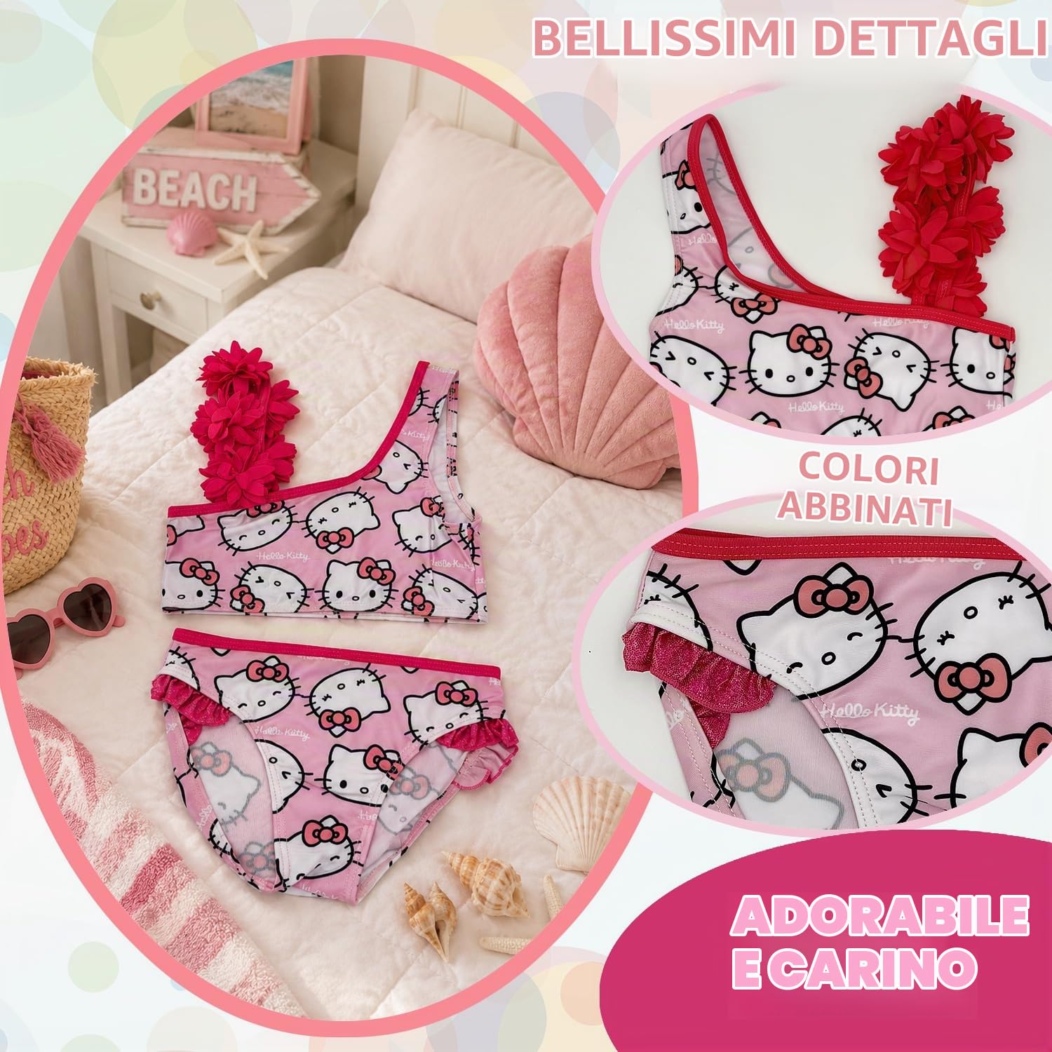 Hello Kitty – Costume da bagno 2 pezzi da ragazza | Bikini da bambino rosa con spalline floreali e volant glitterati | 85% poliestere, 15% elastan, taglie 3-7 anni | Sanrio Official