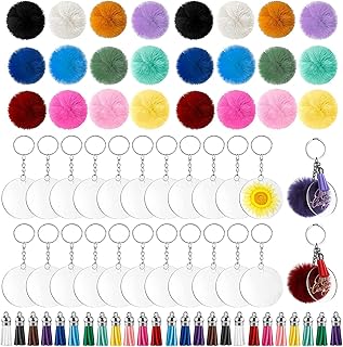 Acrylic Keychain Blanks | 195pcs Acrylic Transparent Circle Blanks Set | 25pcs Colorful Plush Ball | 25pcs Acrylic Disc | 25pcs Color Tassel | 40pcs Keychain | 80pcs Jump Ring | DIY Keychain Crafts