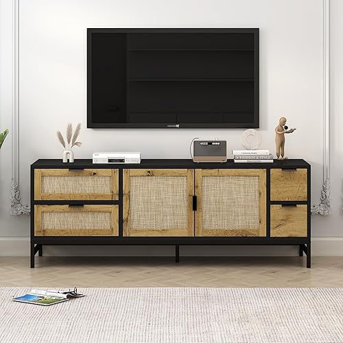Bellemave Soporte de TV de ratán para sala de estar, centro de entretenimiento con almacenamiento, soporte de mesa de TV retro con estantes