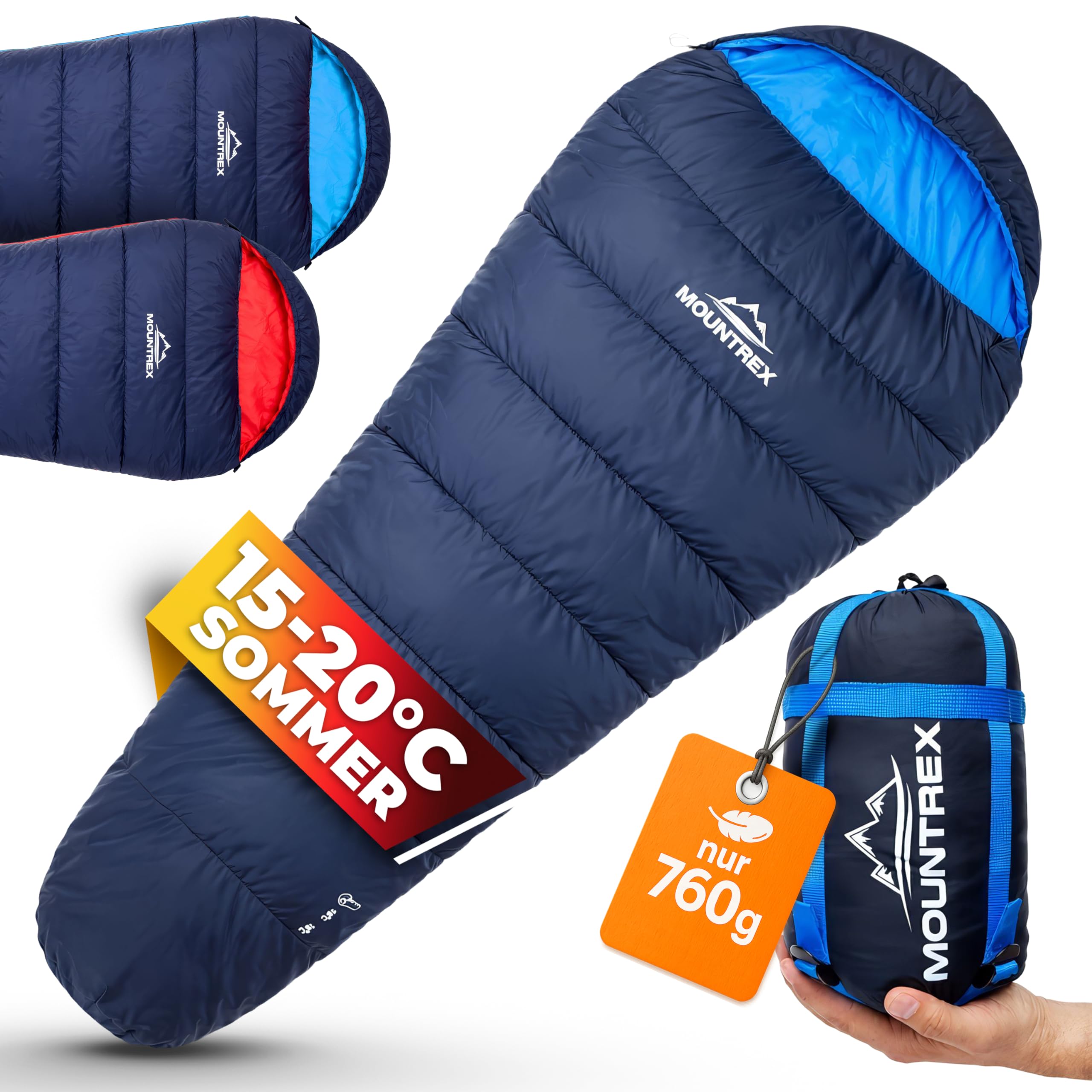 MOUNTREX Śpiwór zimowy i letni – mały rozmiar po spakowaniu i ultralekki (760 g/1500 g) – outdoorowy śpiwór na kemping