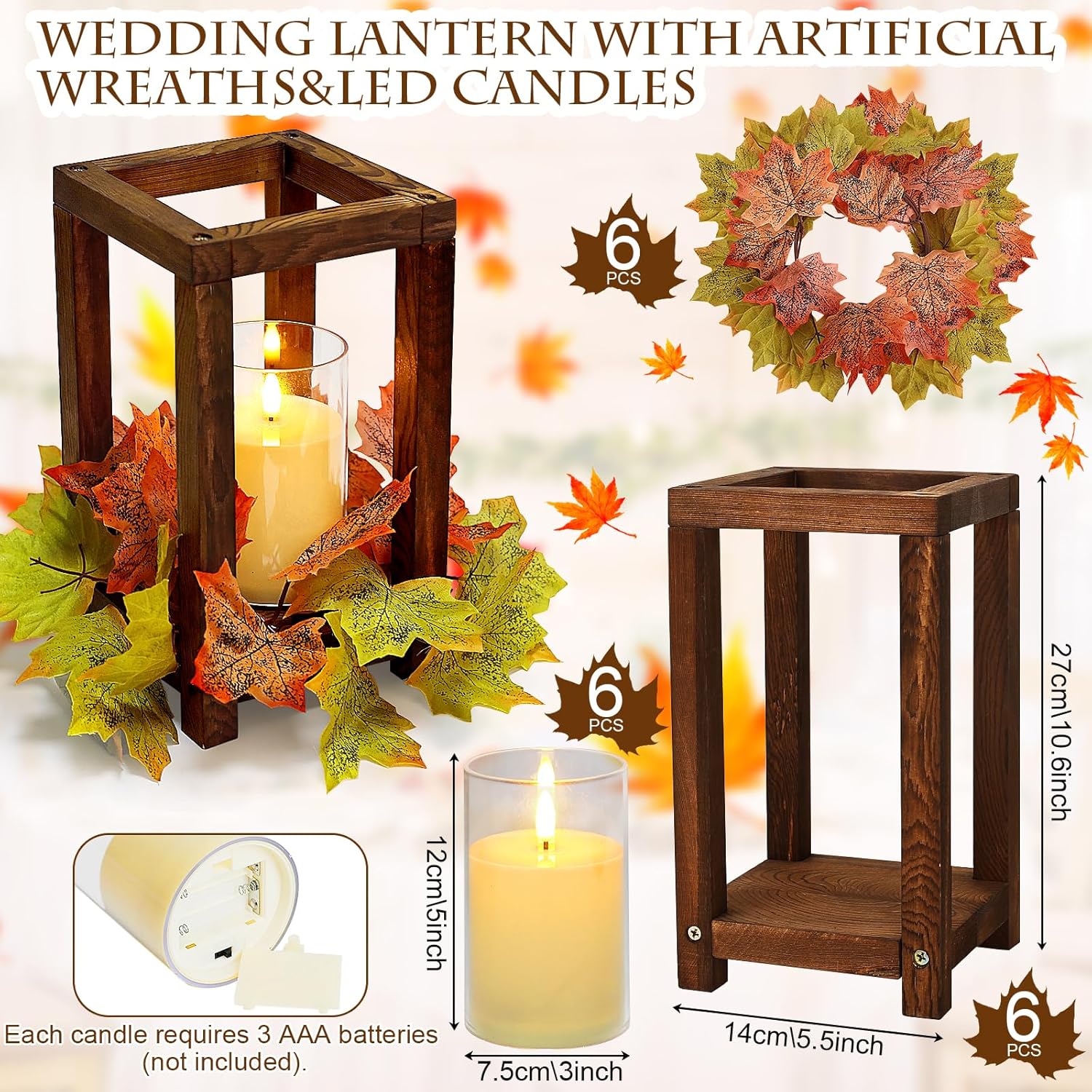 Fall Centerpiece - Wooden Candle Lantern Maple Leaf Candle Rings Wreaths with LED Candles