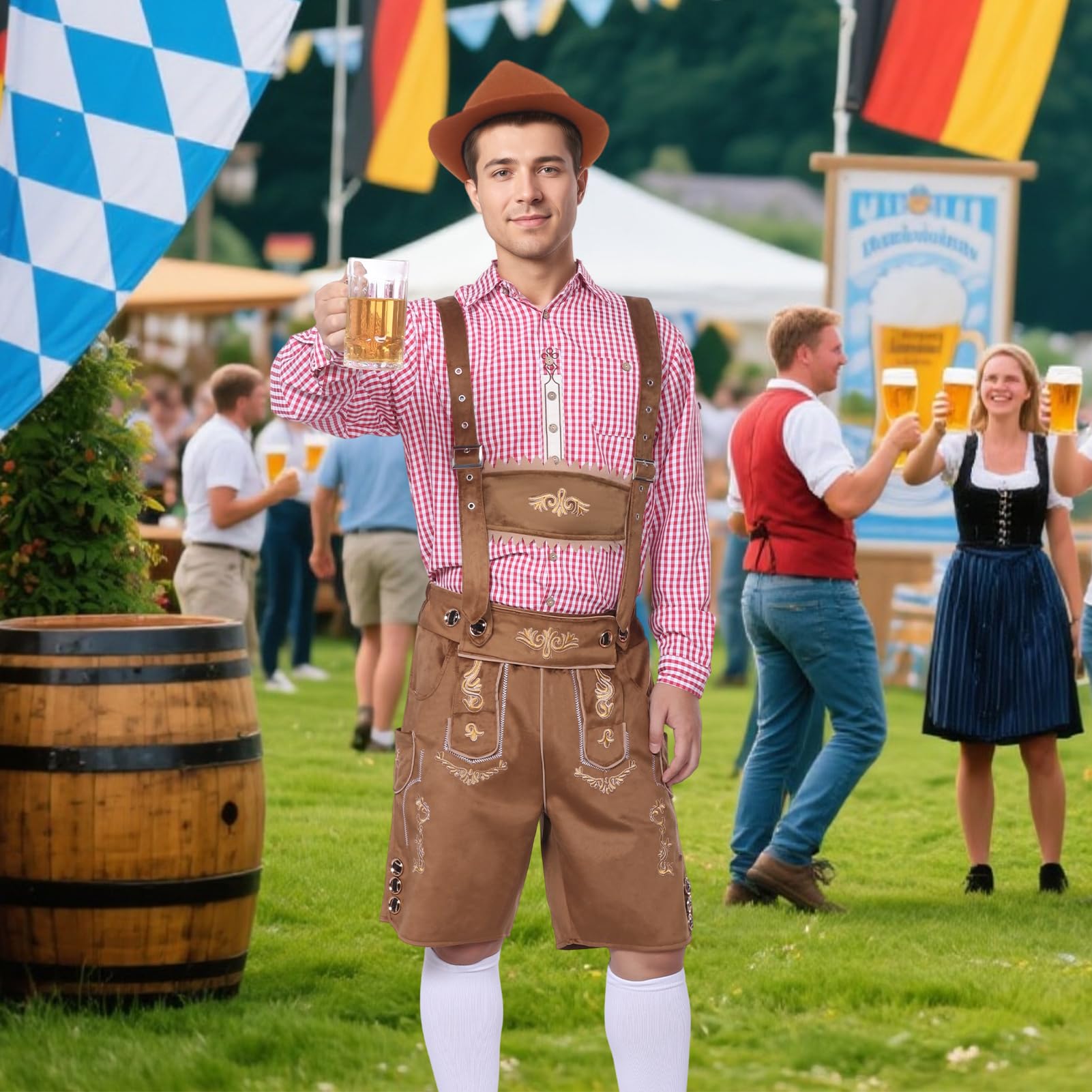 Strój męski na Oktoberfest, bawarski tradycyjny strój męski na Oktoberfest z tradycyjnymi skórzanymi spodniami, kapeluszem i skarpetkami na karnawałową imprezę cosplay (Brązowy, L)