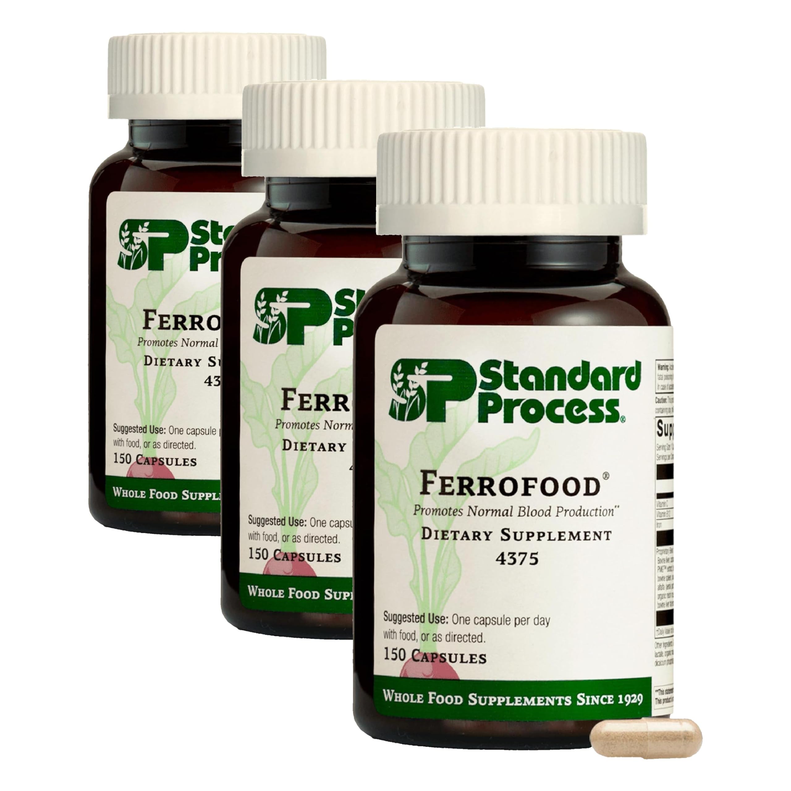 Standard Process Ferrofood - Blood Health Supplement - Enzyme Support with Vitamins B12, C, & Iron - Non-Dairy & Non-Soy - 150 Capsules (40 Servings) (Pack of 3) 150 Count (Pack of 3)