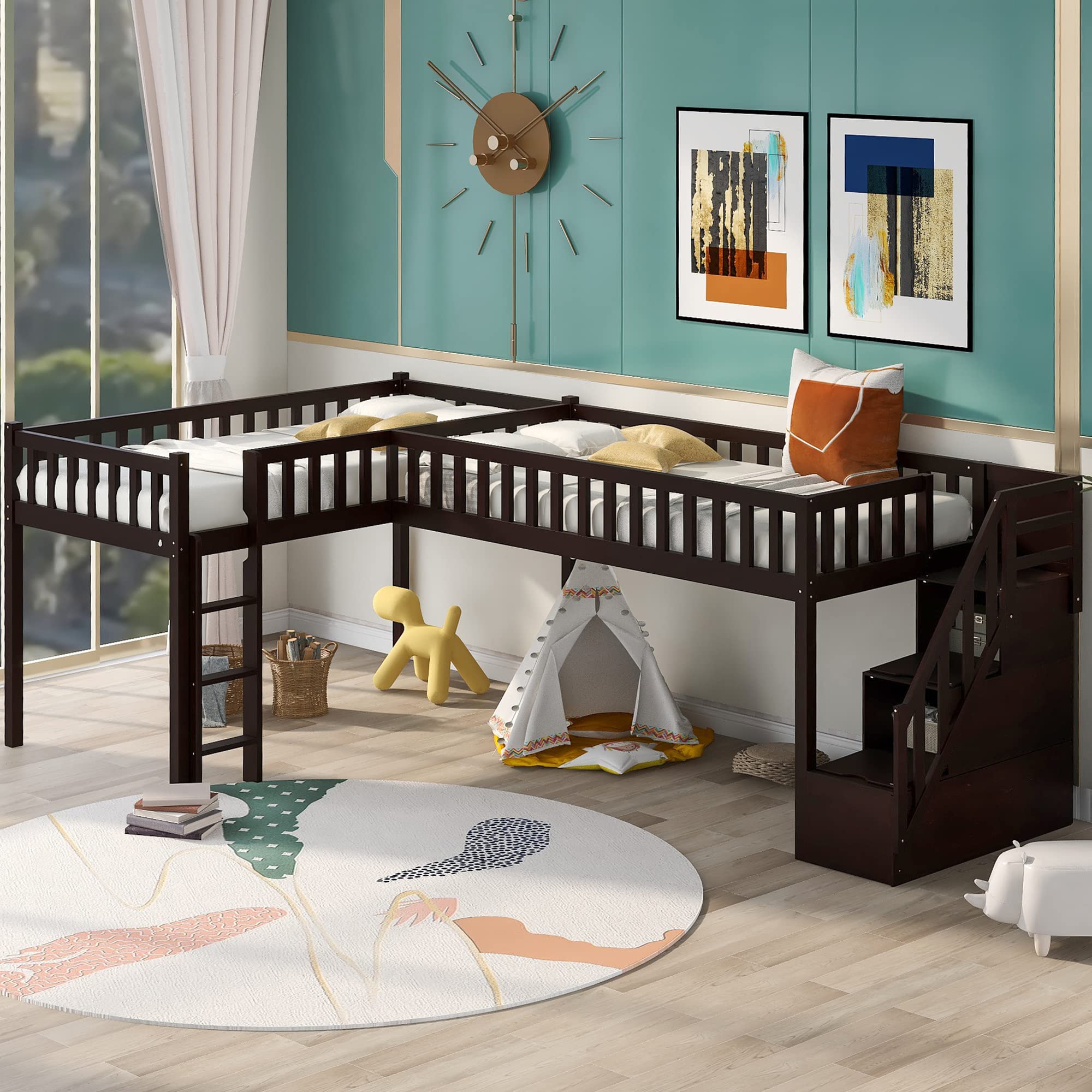 Buy LShaped Twin Size Loft Bed Frames with Staircase, Ladders and