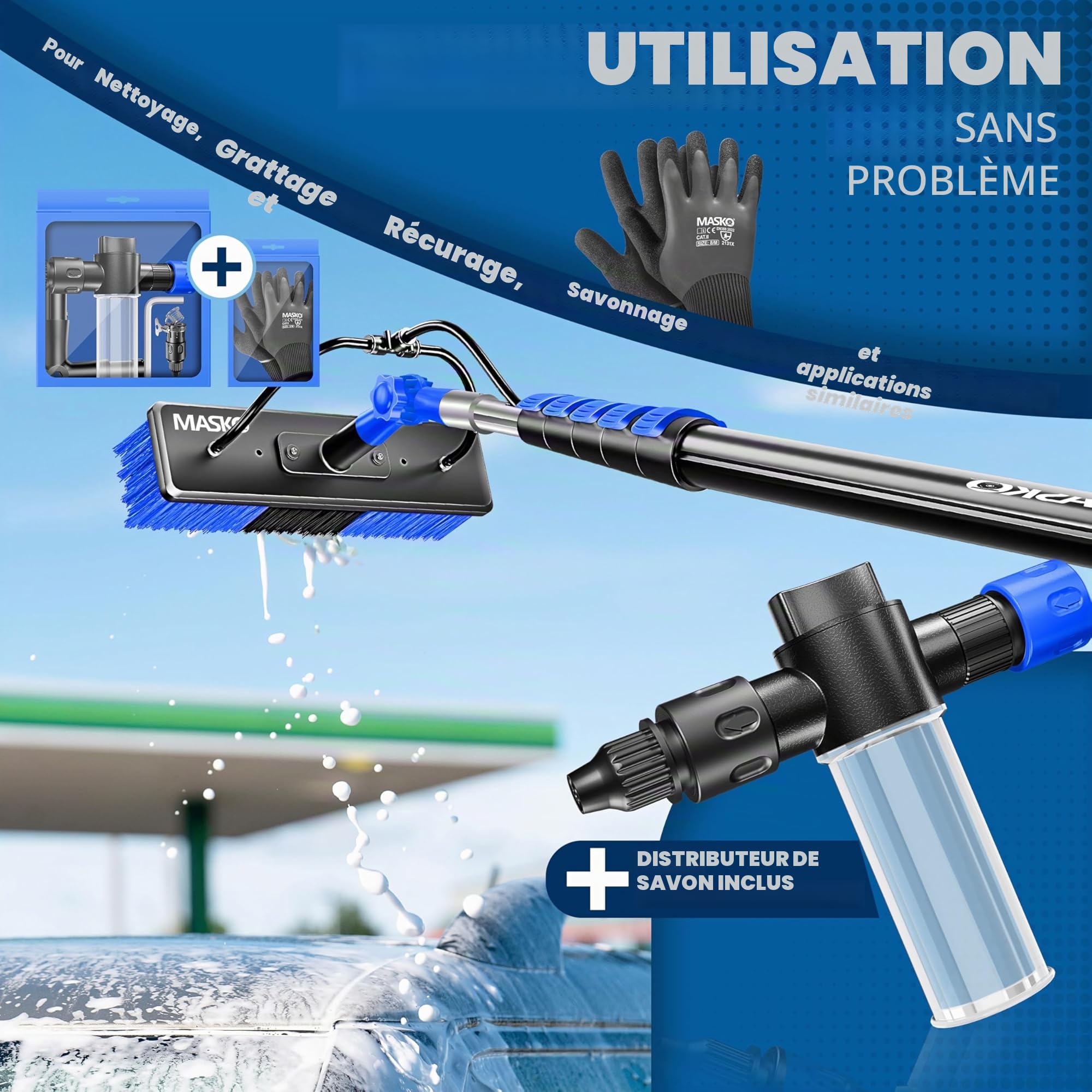 MASKO® Brosse de lavage télescopique avec raccord d'eau 7,2 m | Brosse de nettoyage extensible | Nettoyage des fenêtres et des installations PV | Poils