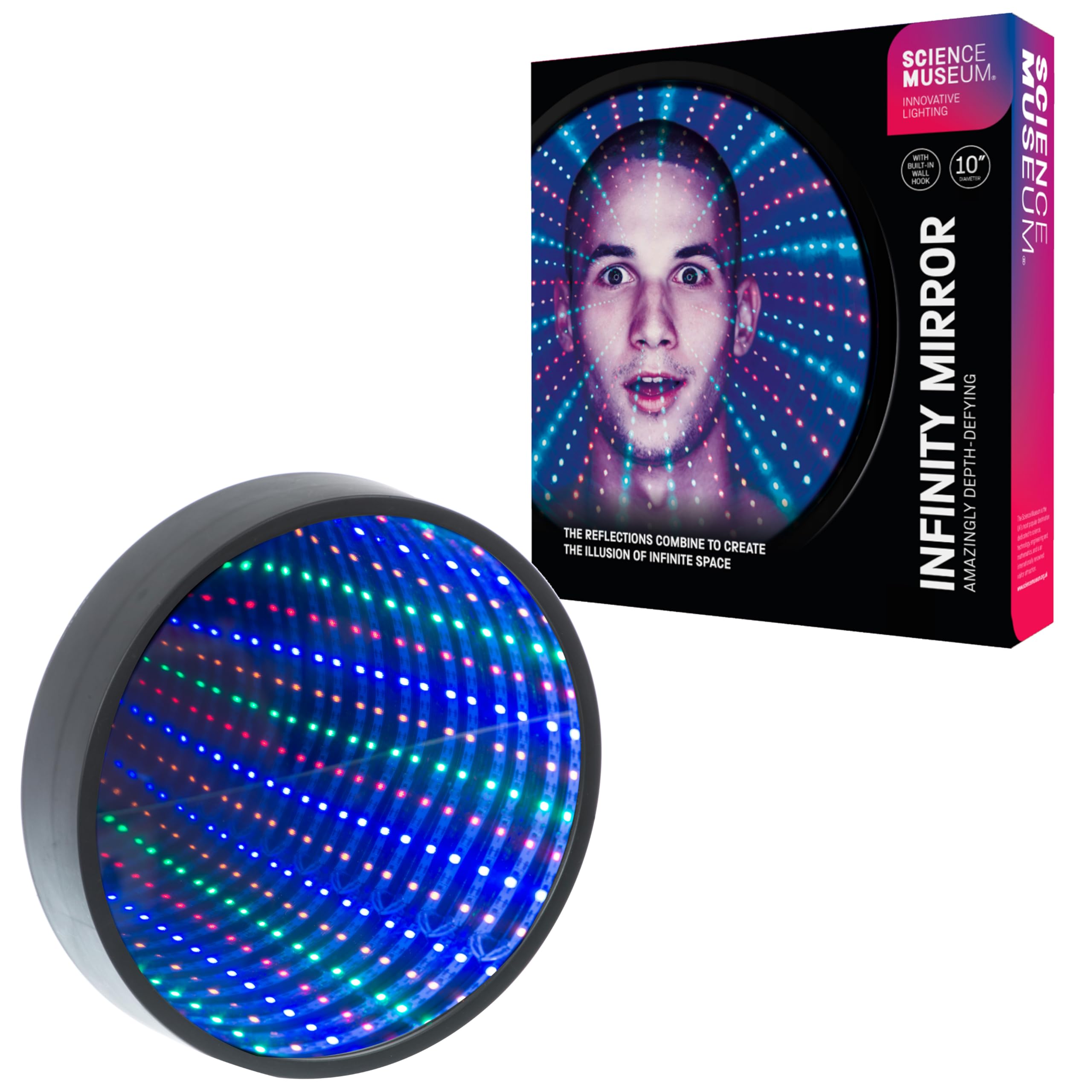 Funtime Gifts Science Museum 10" INFINITY MIRROR - Create the Illusion of Infinite Space, Built In Wall Hook, Multicoloured LED lights