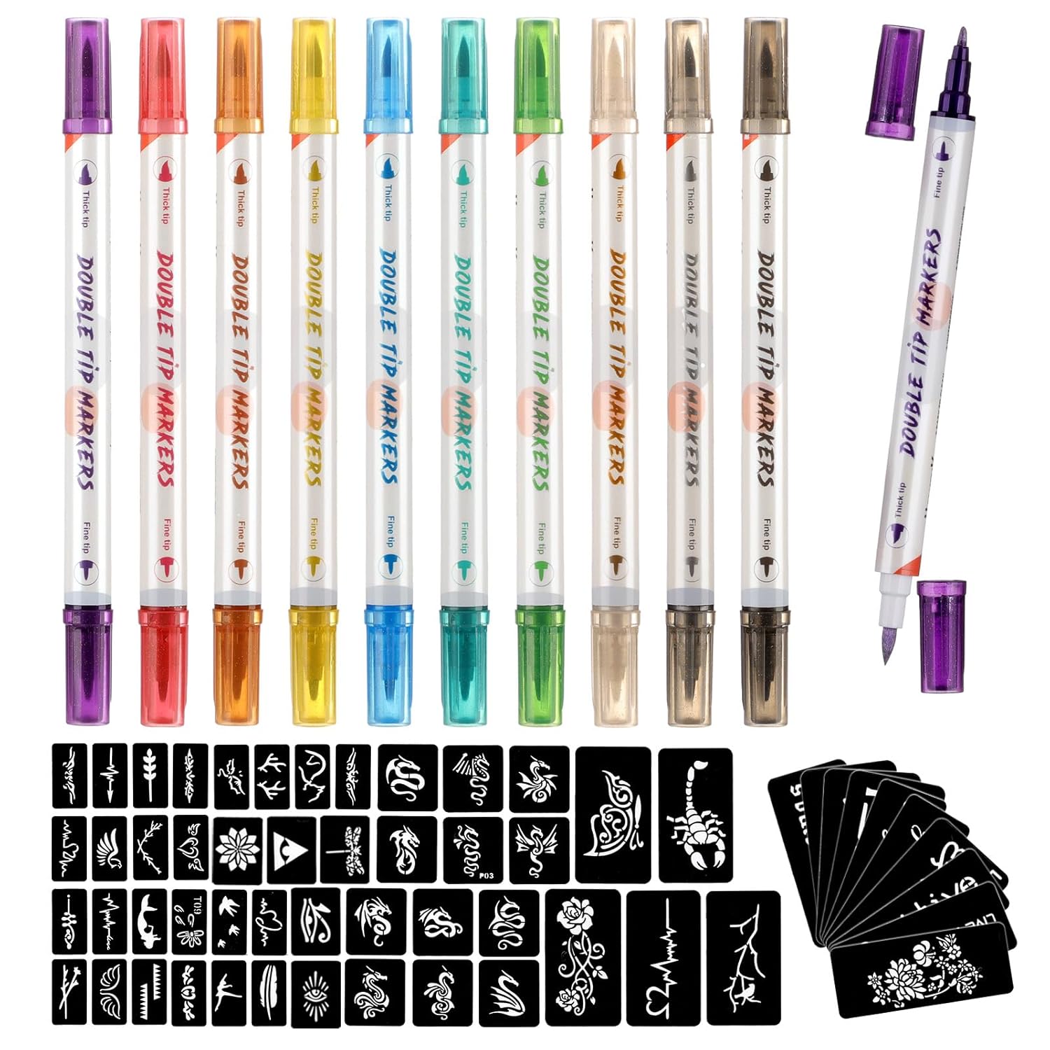 HAWINK Temporary Tattoo Markers for Skin, 10 Body Markers + 56 Large Tattoo Stencils, Dual-End Tattoo Pens Make Bold and Fine Lines with Cosmetic-Grade 12 13 14 15 16 17 18 Tween ZYH2208001KIT