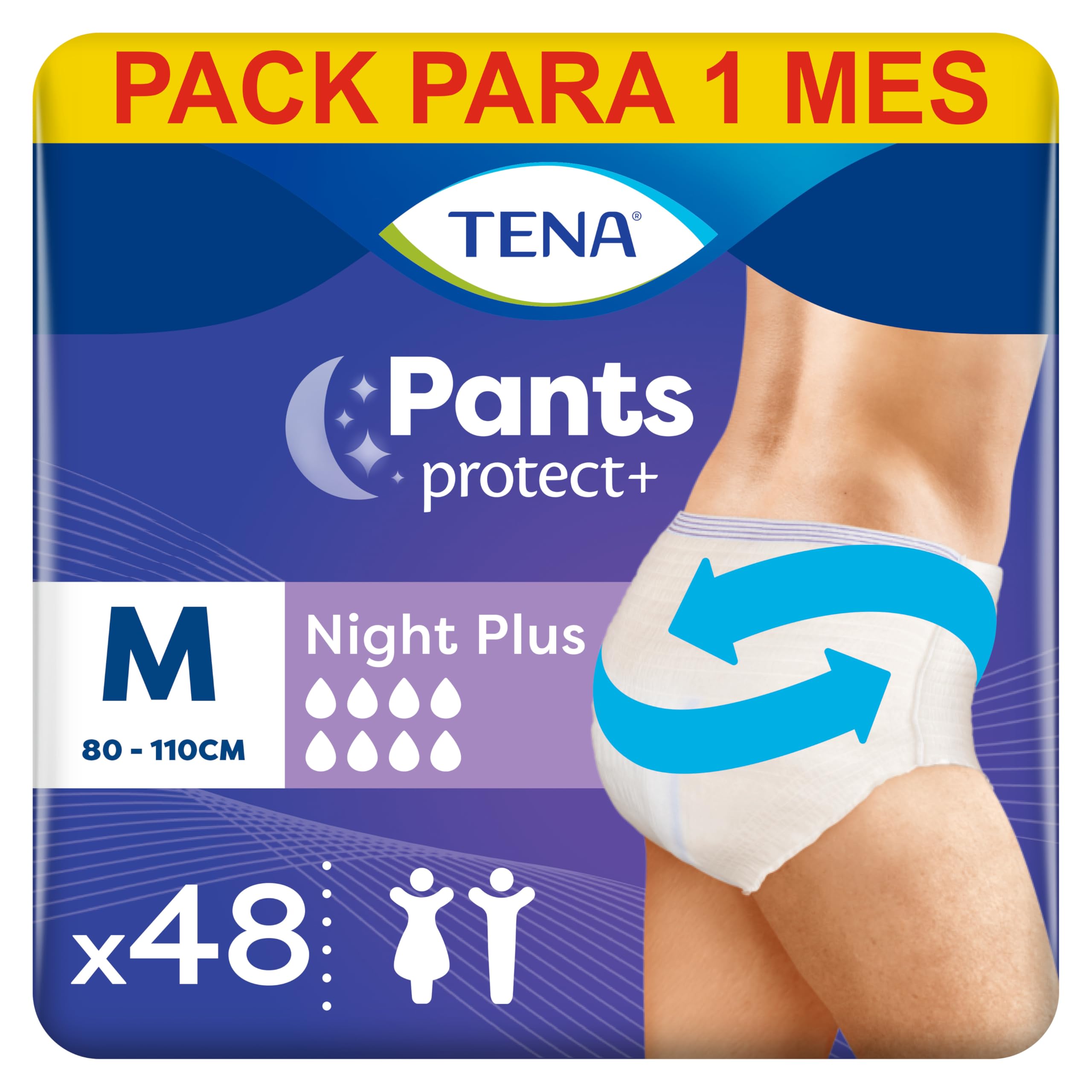 TENA Pants Plus Night x48 - Ropa Interior Desechable - 4 x 12 Unidades - Talla Mediana - Blanco