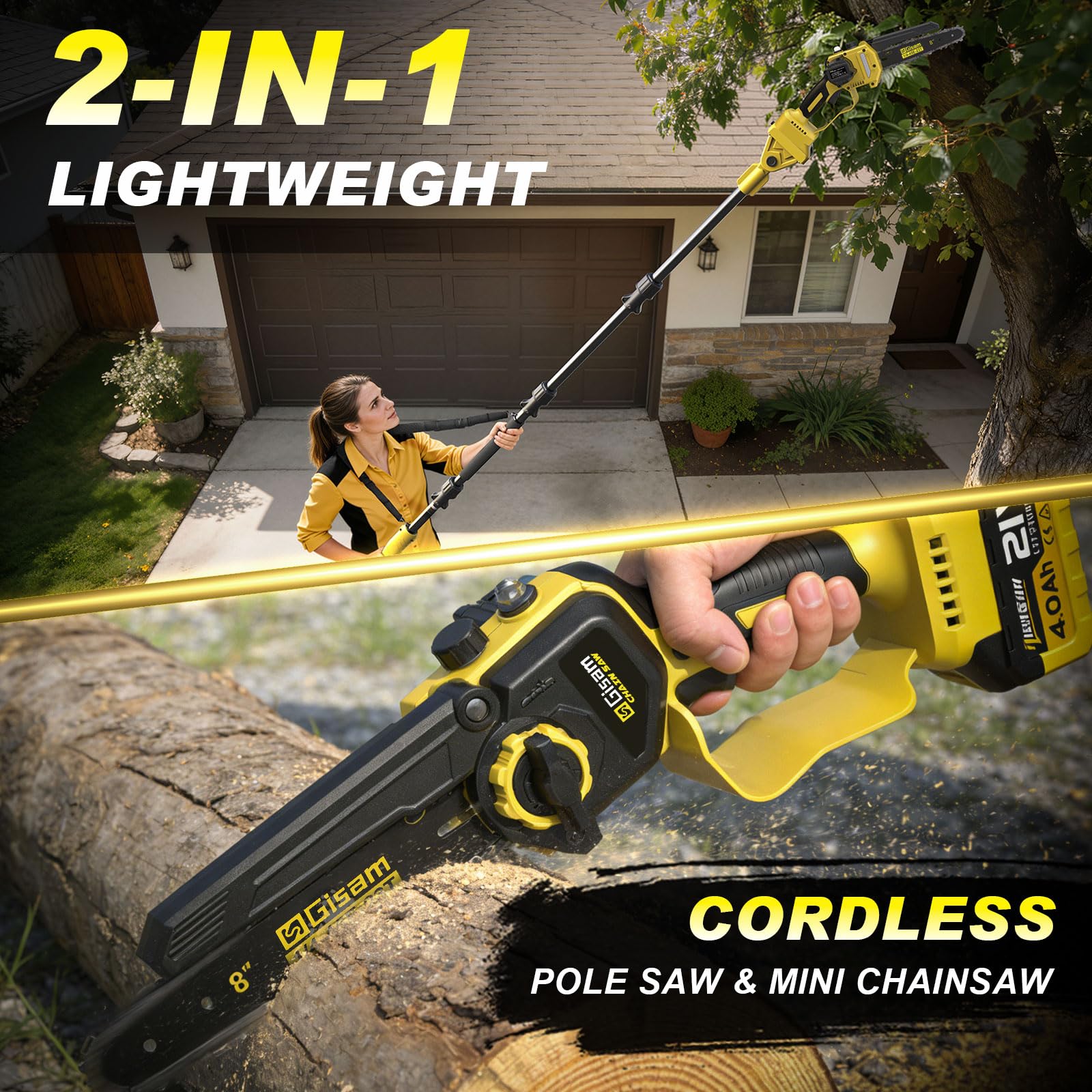 2-en-1 8 Pouces Elagueuse sur Perche, Mini Tronçonneuse Brushless avec 2 x 4,0 Ah Batteries, Coupe Branche Telescopique, Portée 4,2 M pour Branches et jardinage
